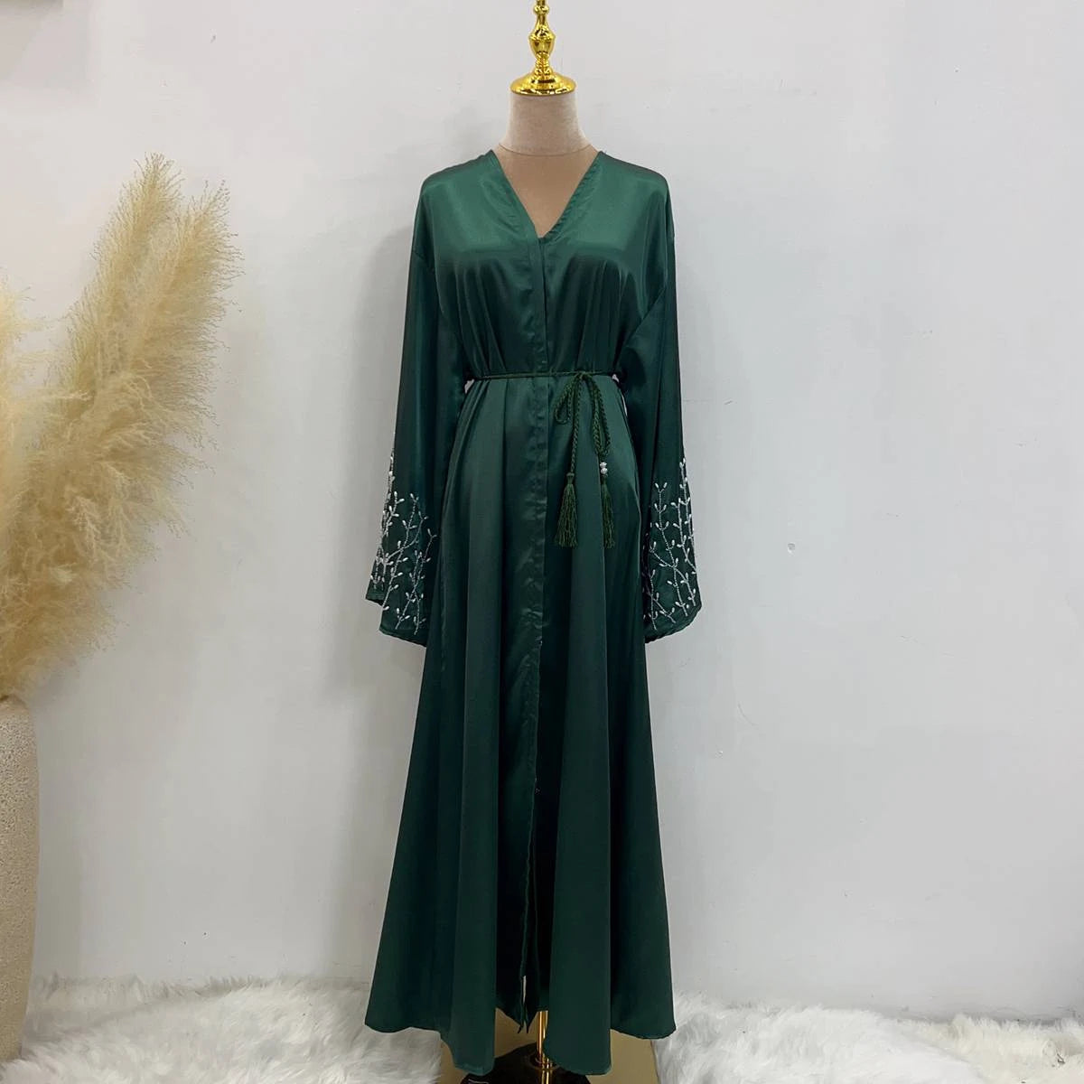 Elegant Hand-Beaded Muslim Women's Open Abaya Dress - Modest Islamic Prayer Dress for Eid, Ramadan & Special Occasions