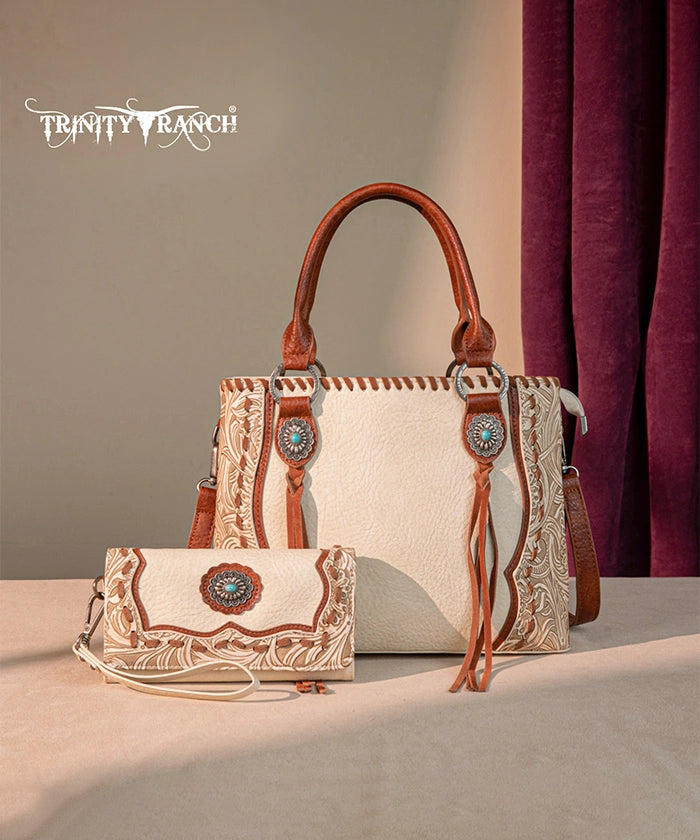 Trinity Ranch Floral Tooled Concho Tote Bag Set - Western Style Leather Handbag for Women - Perfect for Cowgirl Fashion, Rodeo Events & Country Outfits