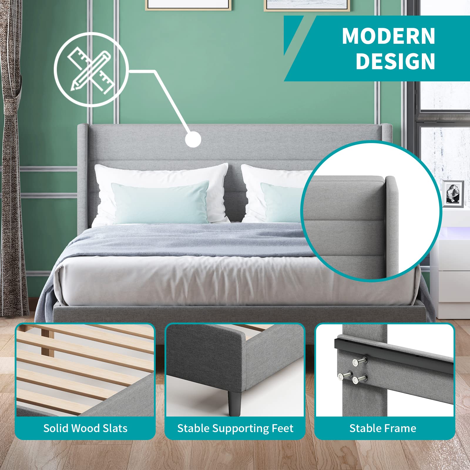 BALUS King Size Platform Bed Frame with Headboard - Modern Bed Frame No Box Spring Needed, Easy Assembly, Sturdy Metal Slats - Dark Grey - Perfect for Master Bedroom, Guest Room, and Modern Home Decor