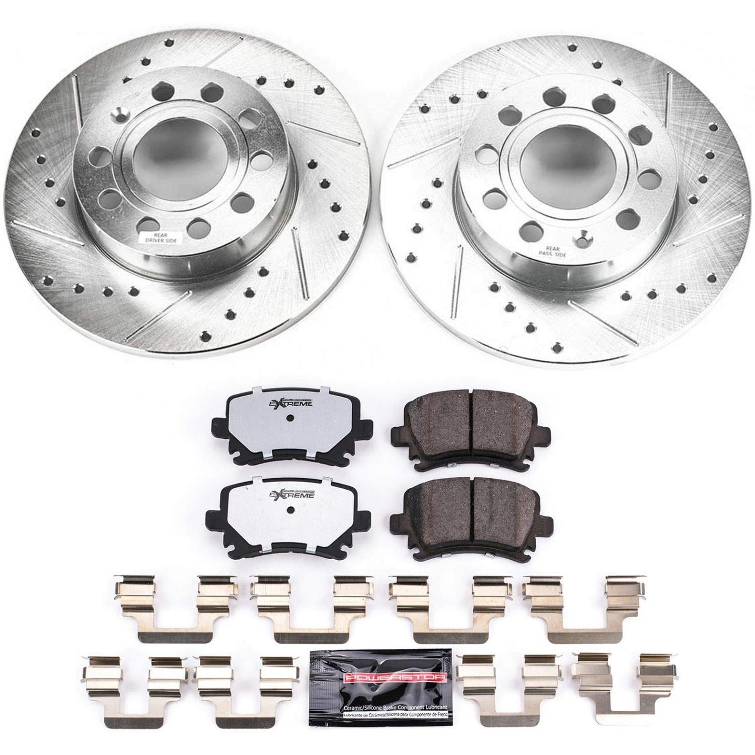 Power Stop K4627-26 Z26 Carbon Fiber Brake Pads & Drilled Slotted Rotors Kit - Compatible with Audi A3 2008, VW Jetta 2005-2010, Rabbit 2006-2009 | High-Performance Braking for Daily Commute & Sport Driving