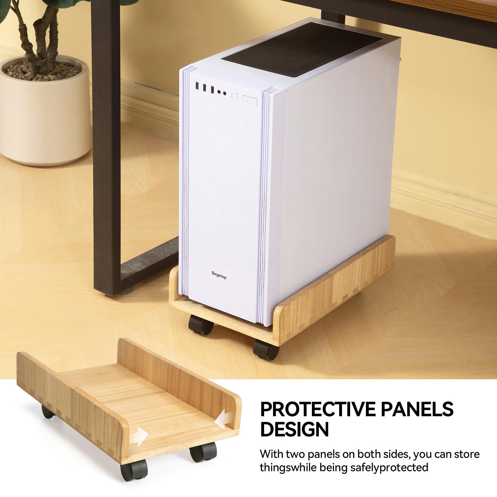 Heavy Duty Wooden Computer Tower Stand with 4 Mute Caster Wheels - Mobile ATX PC Case Holder & CPU Protection Shelf - Ideal for Office, Gaming Setup & Home Workspace (ZJJ-NA)
