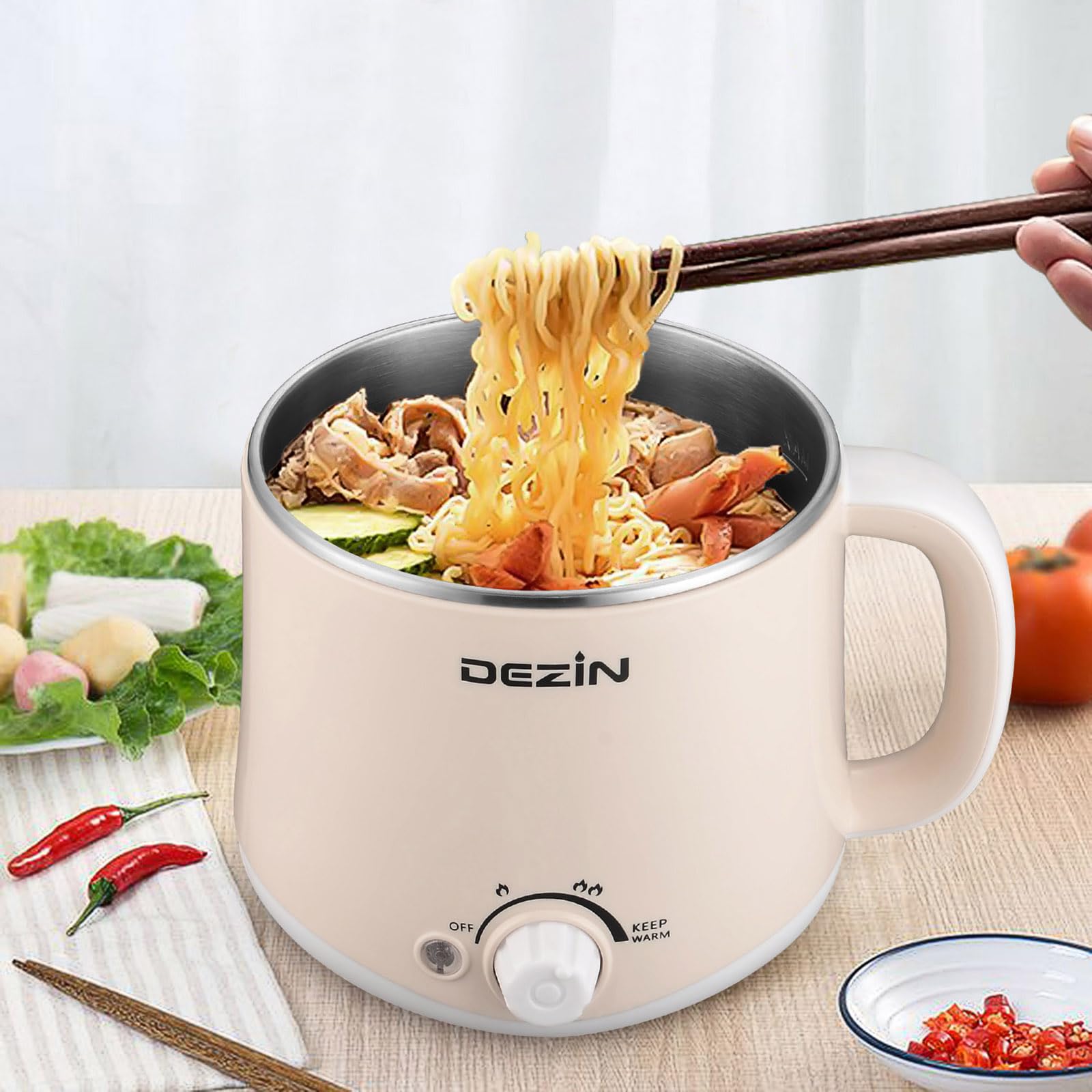 Dezin Electric Hot Pot with Steamer - 1.6L Stainless Steel Multi-Cooker for Ramen, Eggs, Dumplings & Soup | Fast Noodle Cooker with Adjustable Temp & Keep Warm | Perfect for Dorm, Office, Camping & Small Kitchens
