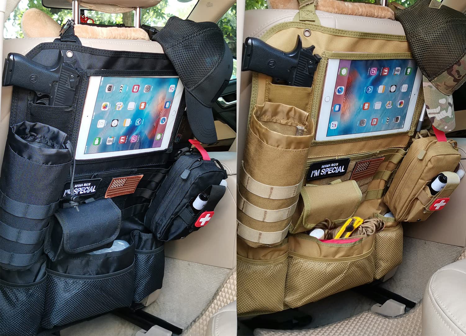 Upgrade Tactical MOLLE Car Back Seat Organizer - 14 Multi-Pockets & 4 Detachable Pouches for Trucker Hat, Medical Kit, Water Bottle & EDC Gear - Durable Vehicle Storage Solution for Camping, Road Trips & Emergency Preparedness