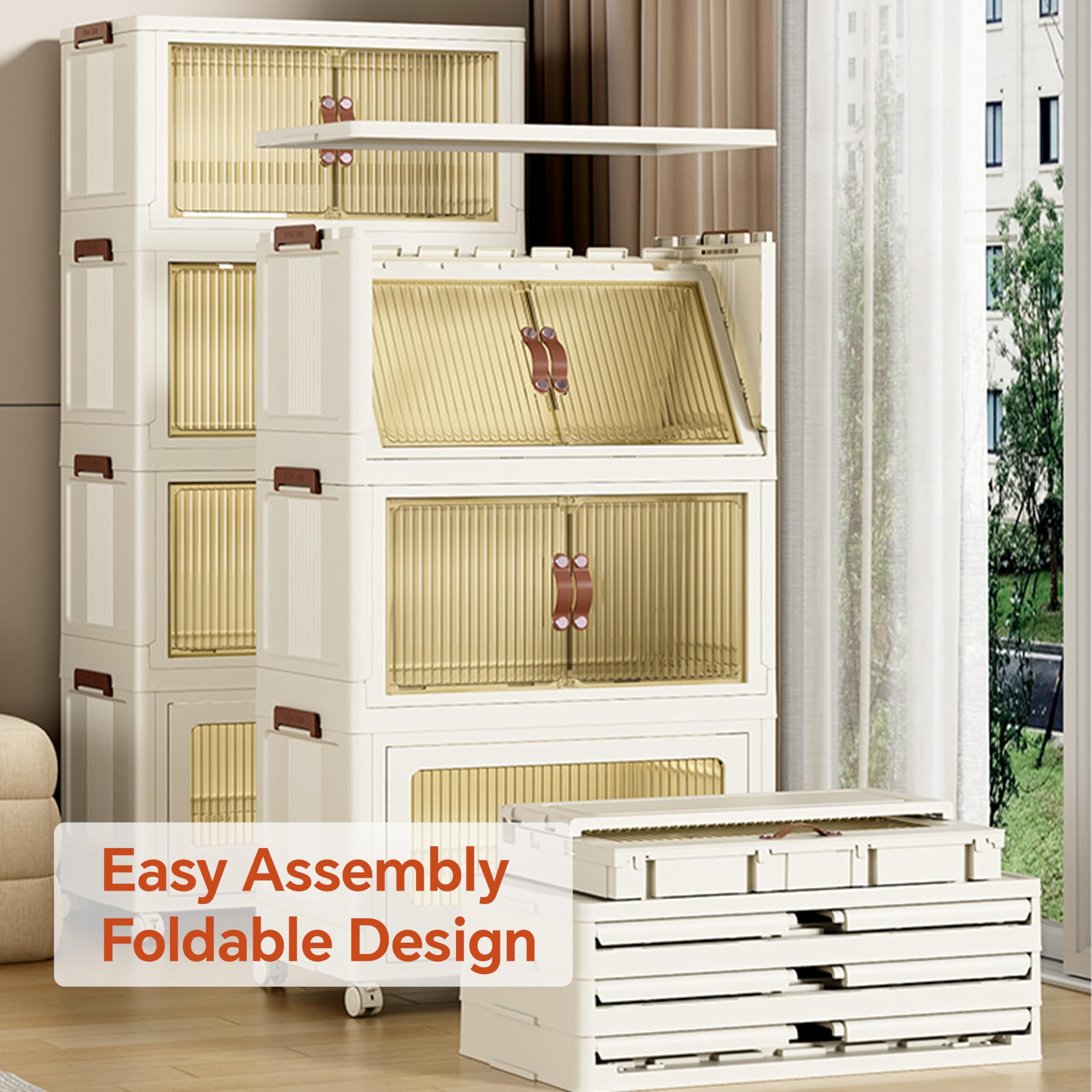 5-Tier Collapsible Storage Bins with Wheels & Lids - Modern Large Home Organization (25.59 x 14.96 x 70.87 in, 480 QT) - Perfect for Closet, Garage, Pantry & Office Storage Solutions