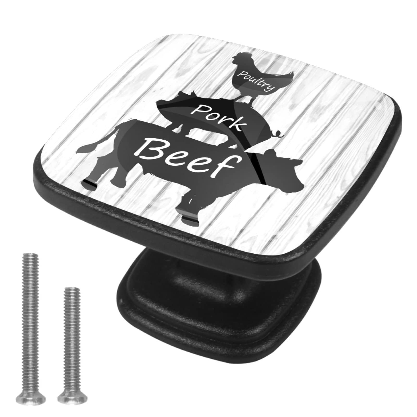 Farmhouse Style Anna Cowper Square Cabinet Knobs - Set of 4 Wooden Kitchen Drawer Pulls with Farm Animal Silhouette Designs - Rustic Home Decor for Cabinets, Cupboards & Furniture - Perfect for Country Kitchens, Farmhouse Renovations & DIY Home Projects