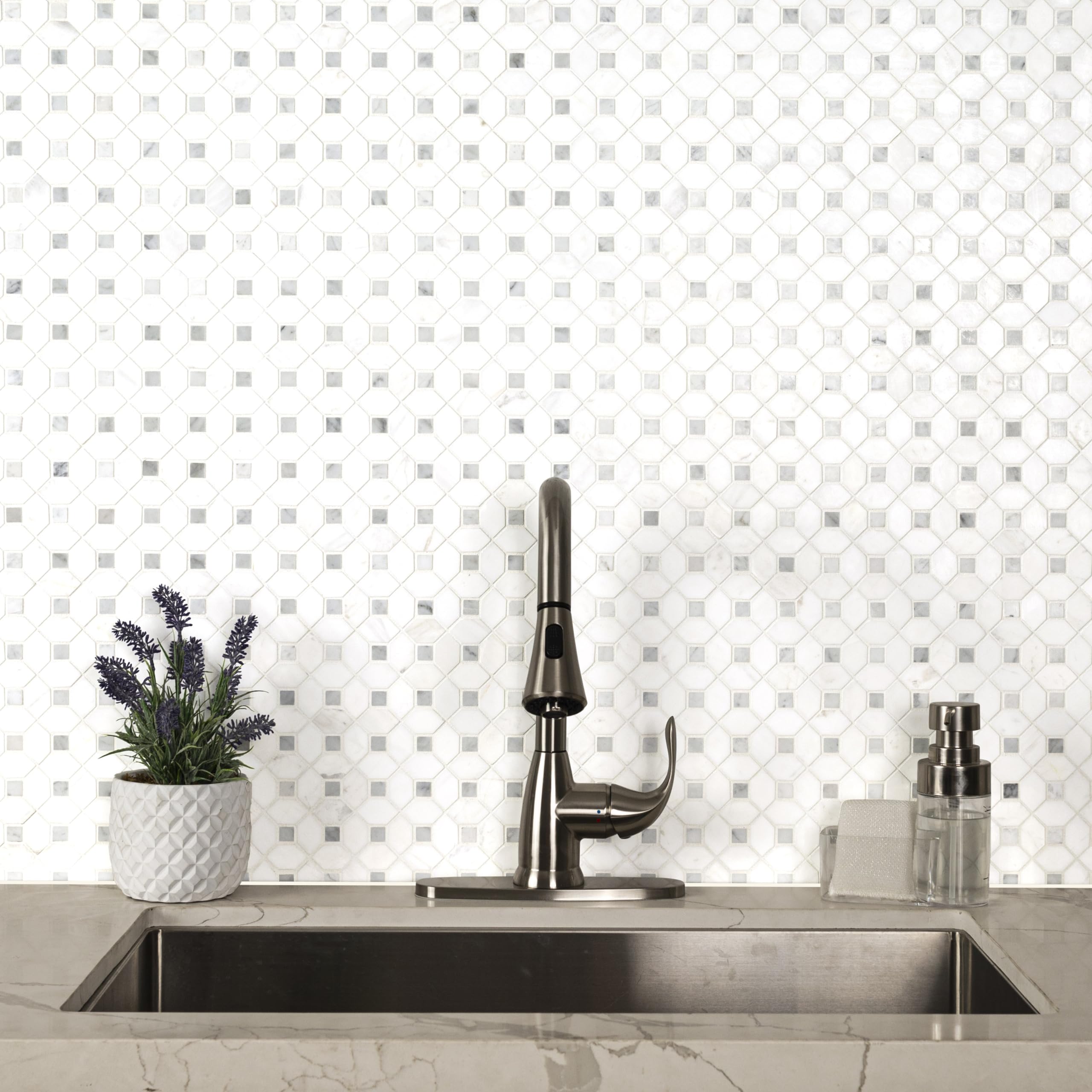 MSI Bianco Dolomite Dotty Polished Marble Mosaic Tile - 12x12 Inch Mesh-Mounted for Kitchen Backsplash, Bathroom Wall, Shower Tile & Accent Wall - Elegant Natural Stone Design for Home Renovation and Interior Decor