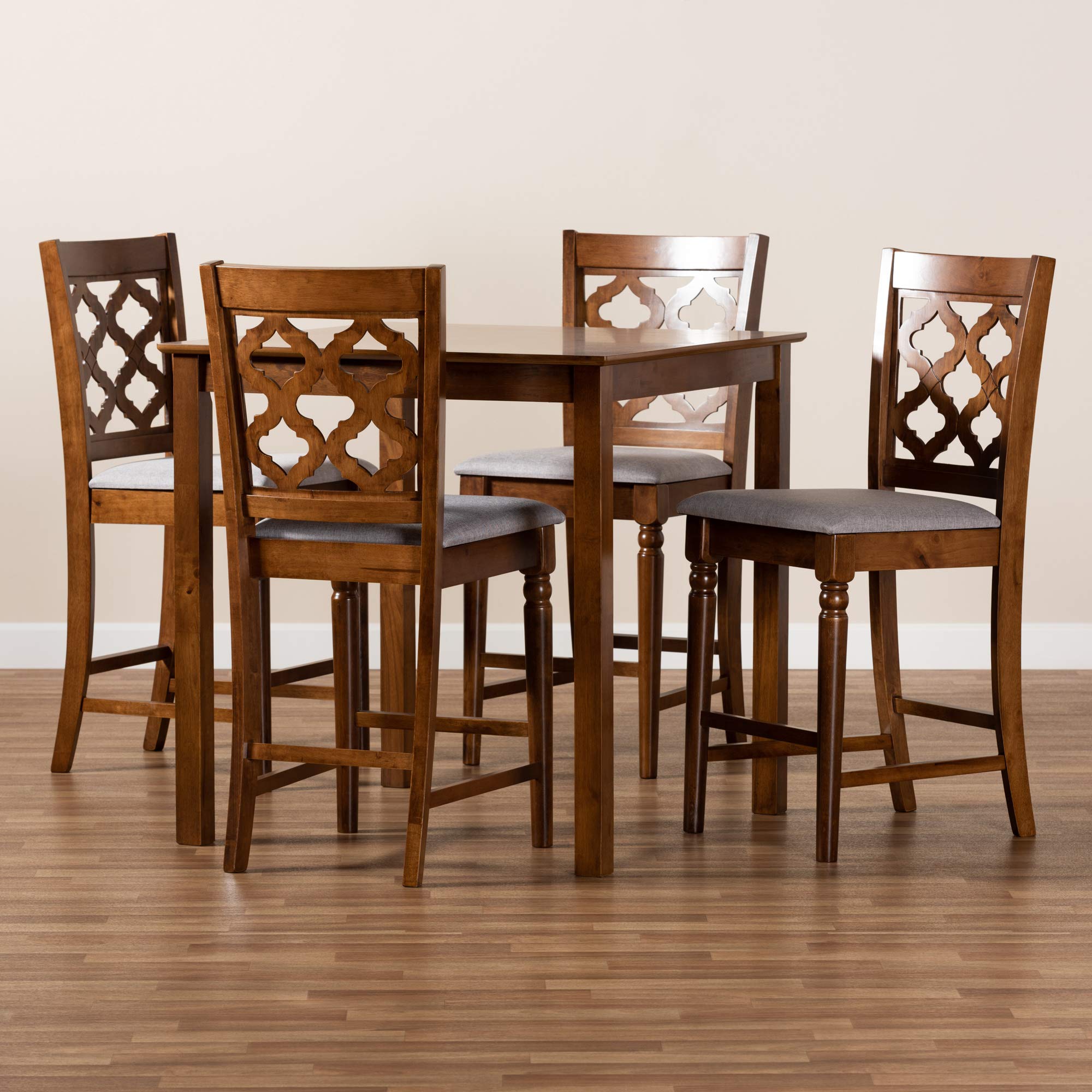 Baxton Studio Ramiro 5-Piece Pub Set - Grey Fabric Upholstered Bar Stools with Walnut Brown Wood Finish - Perfect for Kitchen Islands, Home Bars & Entertainment Spaces