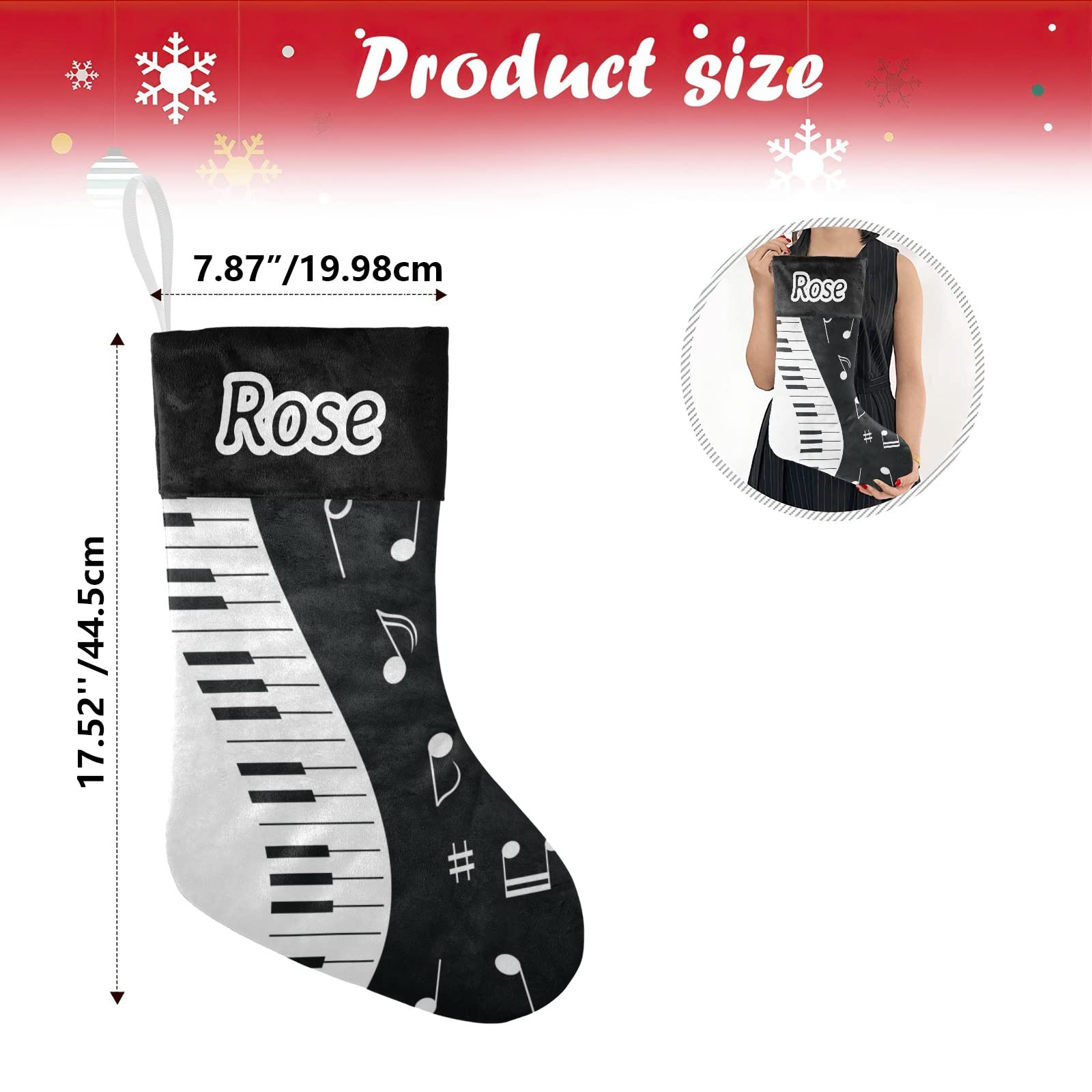 Personalized Christmas Stockings with Music Notes & Piano Design - Custom Name Text Holiday Decor (17.52 x 7.87 Inch) - Perfect Festive Gift for Musicians & Music Lovers