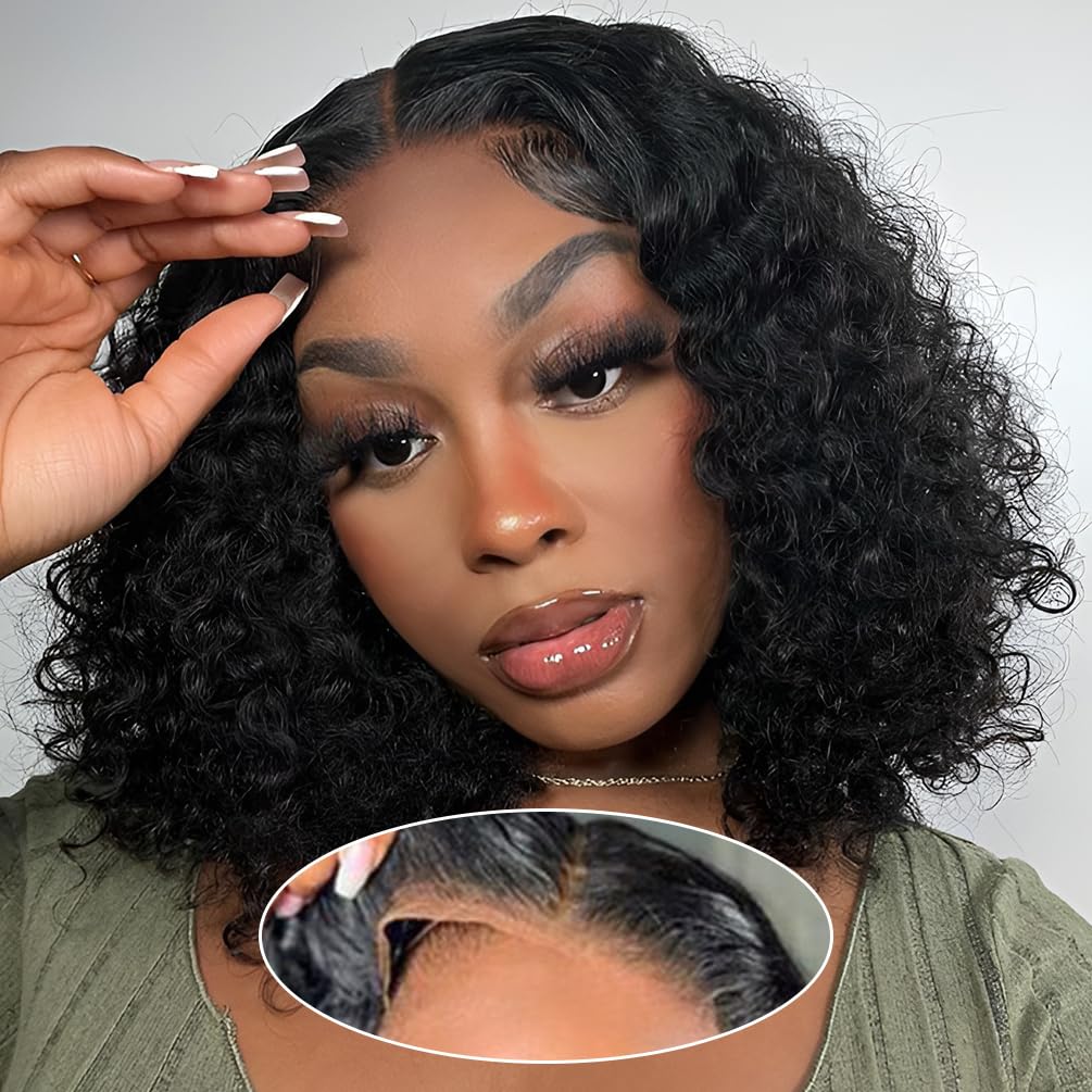 Glueless Human Hair Wigs for Black Women - 180% Density 4x4 Lace Front Bob Wig with Pre Plucked Hairline & Curly Wave Texture (10 Inch, Natural Black 1B) - No Glue Needed for Easy Wear & Go Style | Perfect for Daily Wear, Special Occasions & Protective Hairstyles