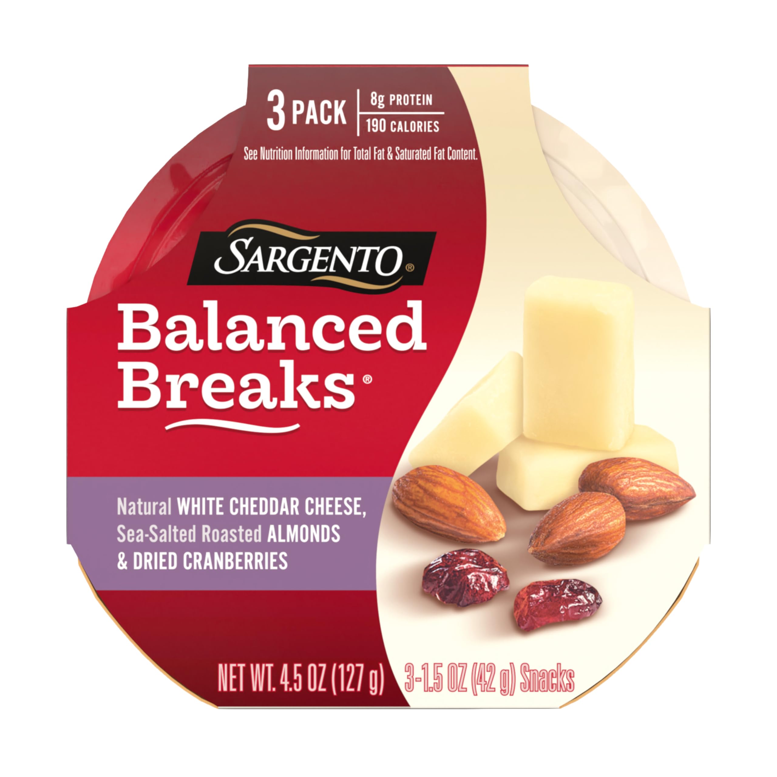 Sargento Balanced Breaks Snacks - Natural White Cheddar Cheese, Sea-Salted Roasted Almonds & Dried Cranberries (3-Pack) | Healthy On-The-Go Snack for Work, School & Travel