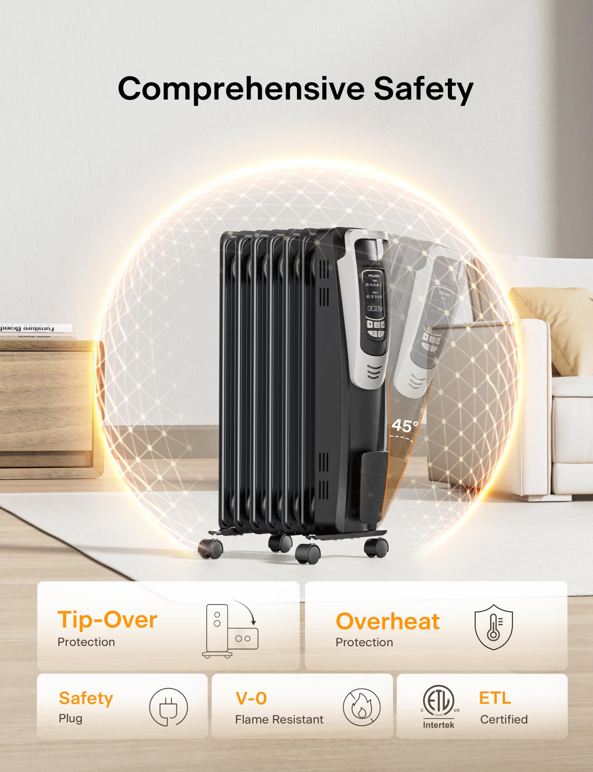 PELONIS Oil Filled Radiator Heater with Remote Control - 1500W Quiet Space Heater with Thermostat, LED Display & 5 Heat Settings - Overheat & Tip-Over Protection for Large Rooms, Bedroom, Office - Silver