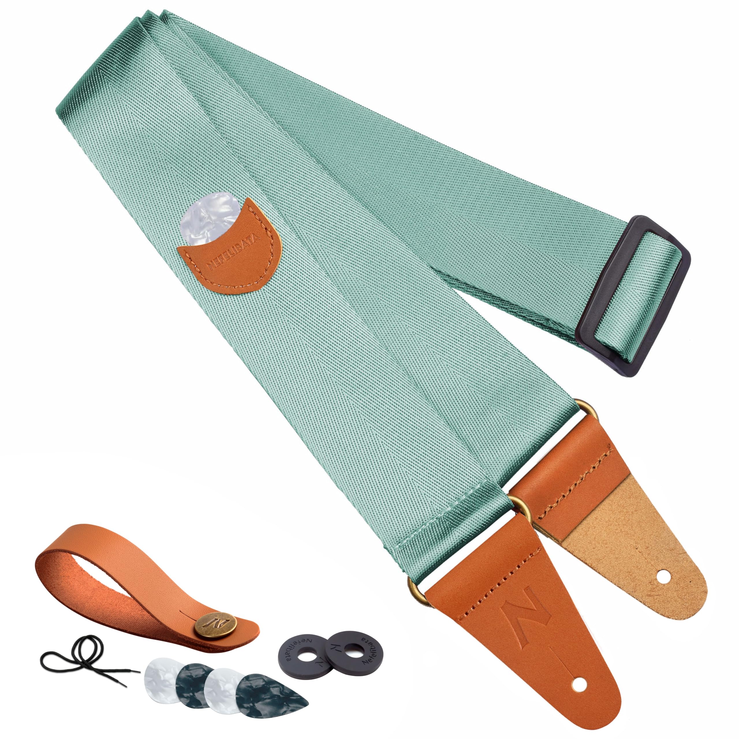 Premium Nefelibata Guitar Strap with Pick Pocket - Vintage Nylon Full Grain Leather Ends for Bass, Electric & Acoustic Guitars - Includes Free Strap Button, Strap Locks & 4 Picks - Perfect for Live Performances, Studio Sessions & Traveling Musicians