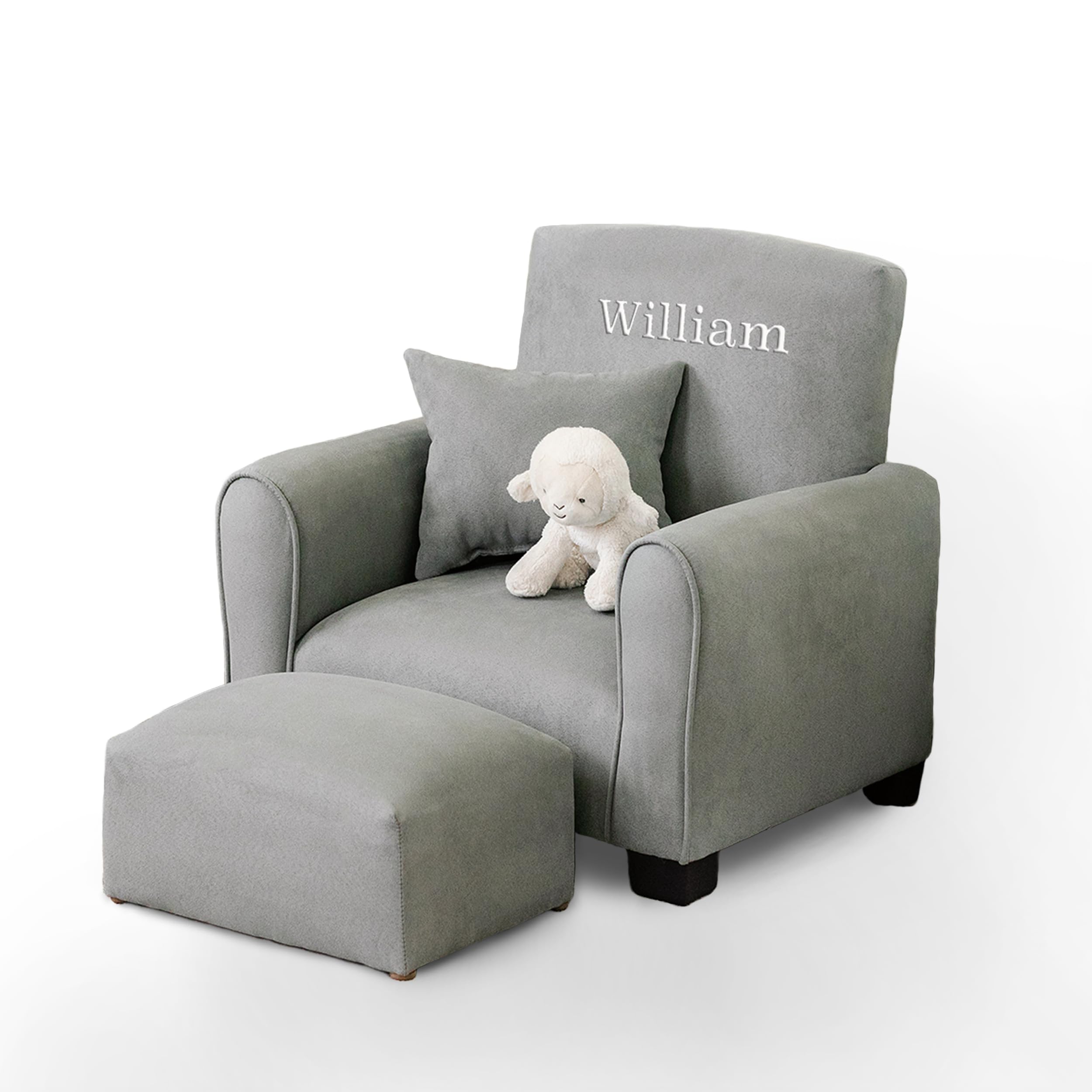 Personalized Kids Rocking Chair with Name - Grey Suede Upholstered Toddler Armchair | Comfortable Nursery Furniture for Bedroom, Playroom & Gift Giving