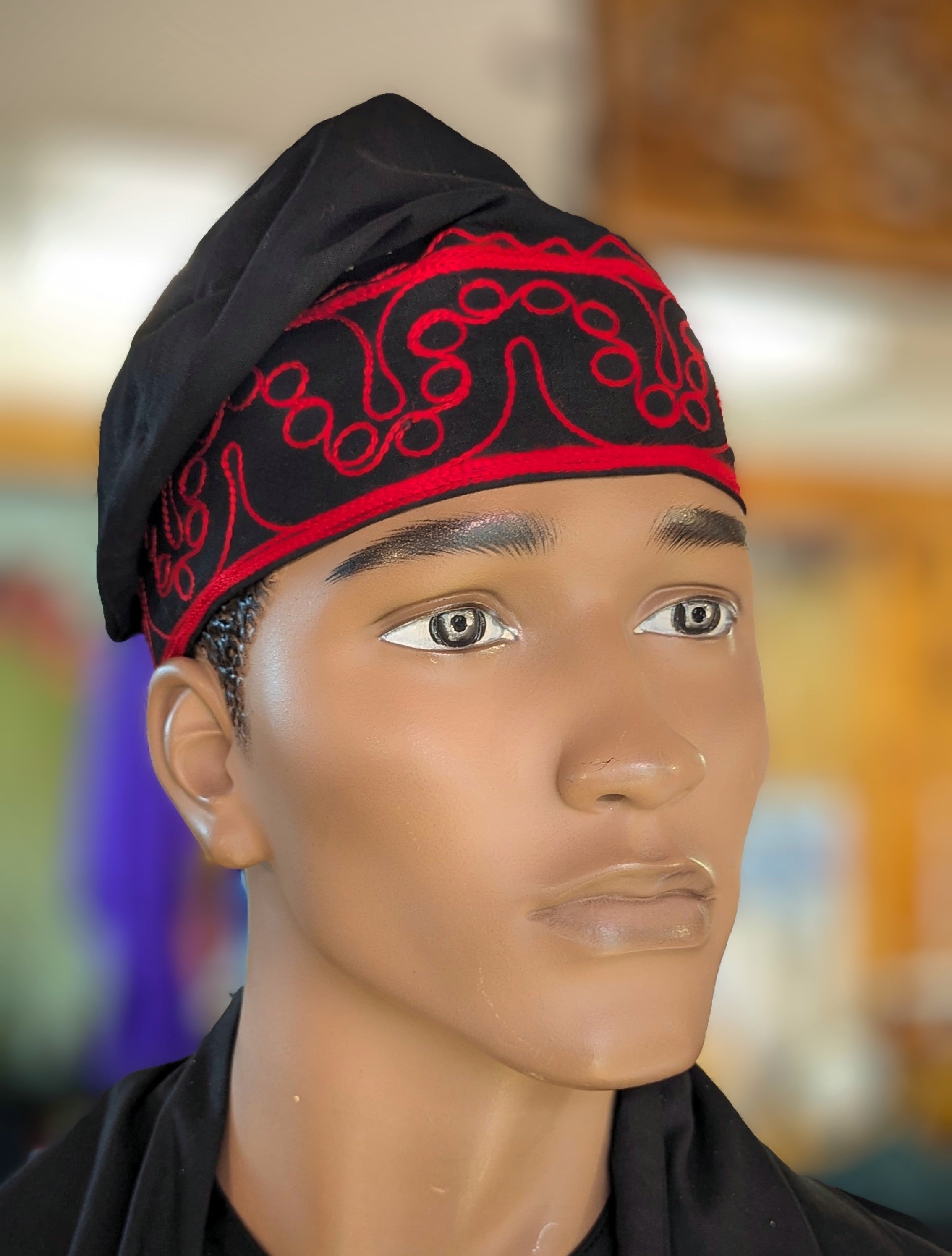 Authentic African Cotton Embroidered Adebo Fila Kufi Cap - Black with Red Embroidery | DPH4098 | Perfect for Cultural Celebrations, Weddings, and Traditional Events