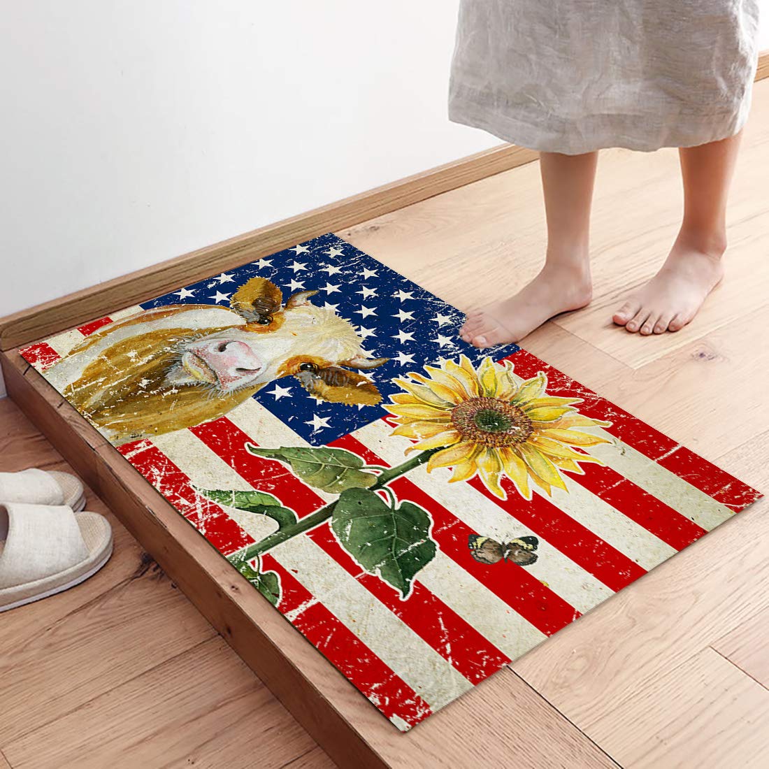 Savannan Vintage American Flag Doormat - Non-Slip Rubber Back Entry Rug with Cattle & Sunflower Design, 18x30 Inch - Perfect for Front Door, Porch, Kitchen & Mudroom - Absorbent Indoor/Outdoor Welcome Mat for Home & Office Decor