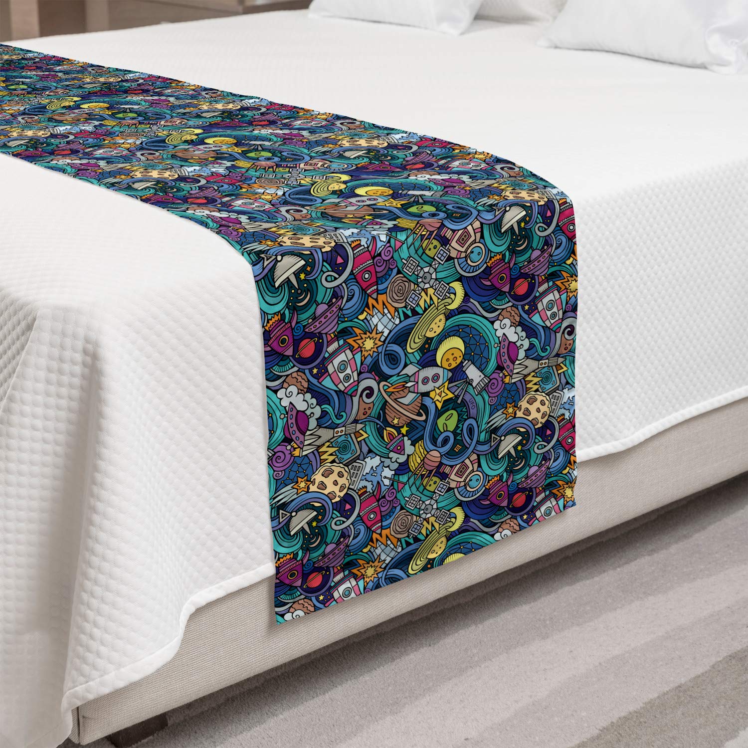 Ambesonne Space Themed Bed Runner - Abstract Cartoon Sci-Fi Design with Swirls, Asteroids & Telescope - Decorative Bed Scarf for Home, Hotel & Guest Room Decor - Multicolor Galaxy Print - Perfect for Space-Themed Bedrooms & Sci-Fi Lovers