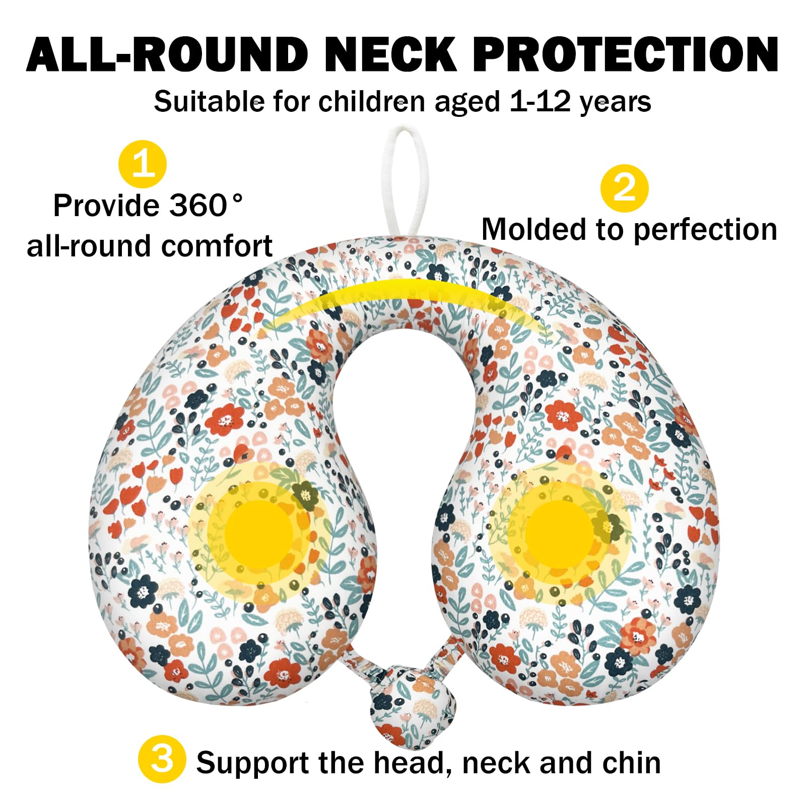 Kids Travel Pillow for Car & Airplane - Soft Neck Support Pillow with 100% PP Cotton Insert, Comfortable Head & Chin Rest for Toddlers - Perfect for Long Flights, Road Trips & Outdoor Adventures (White Flower Design)