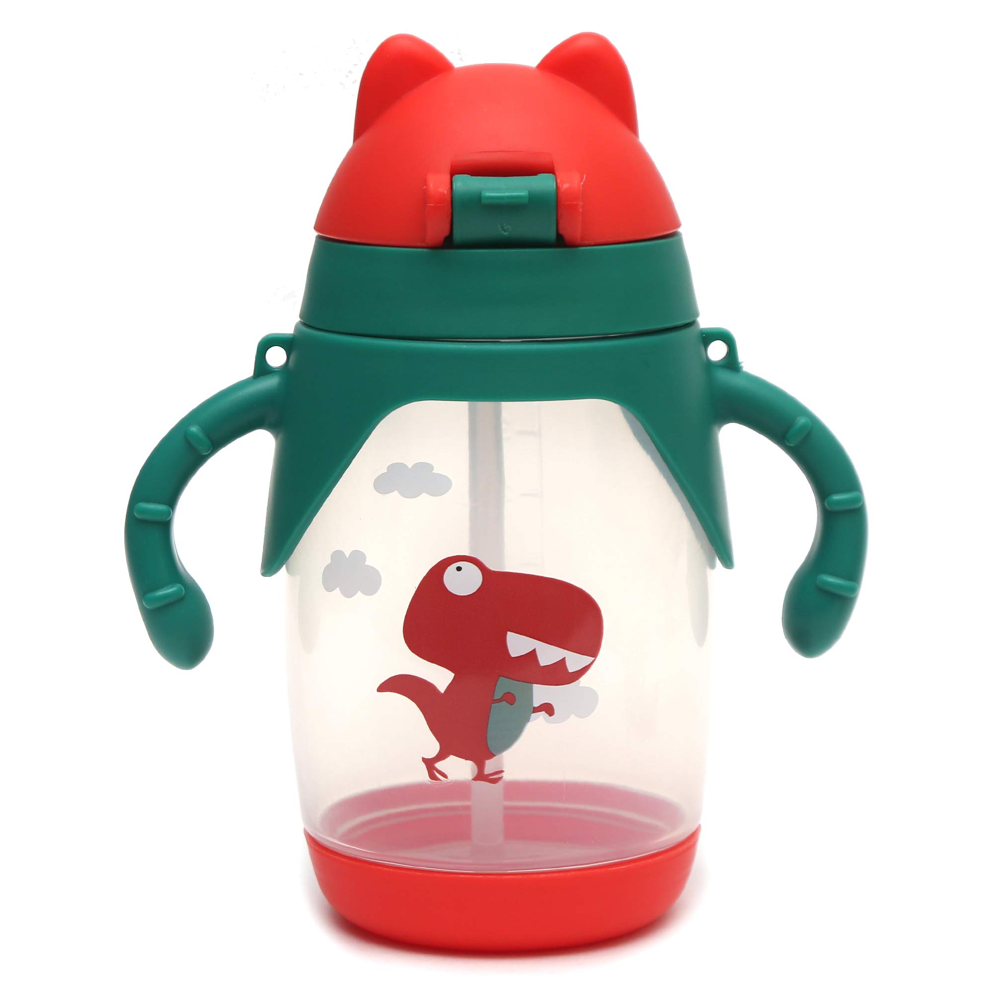 Koochie-Koo Plastic One-Touch Open Cartoon Printed Twin Handle Sippy Cup with Silicone Straw - 300ml Leak-Proof Kids Water Bottle for Boys & Girls (3+ Years) - Ideal for School, Travel & Outdoor Activities - Green (Pack of 1)