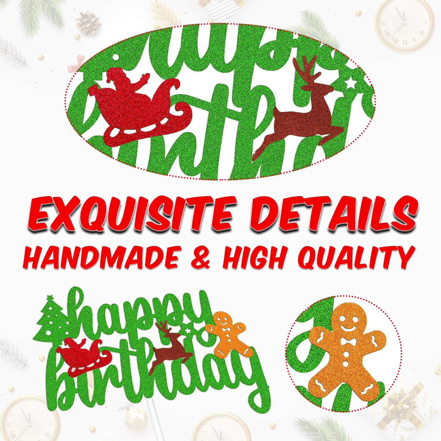 Christmas Birthday Cake Topper - Happy Birthday Sign with Green Glitter for Xmas Tree, Santa, Winter Snowflake & Snowman Themed Party Decorations | Perfect for Holiday Celebrations, Christmas Parties & Festive Dessert Displays