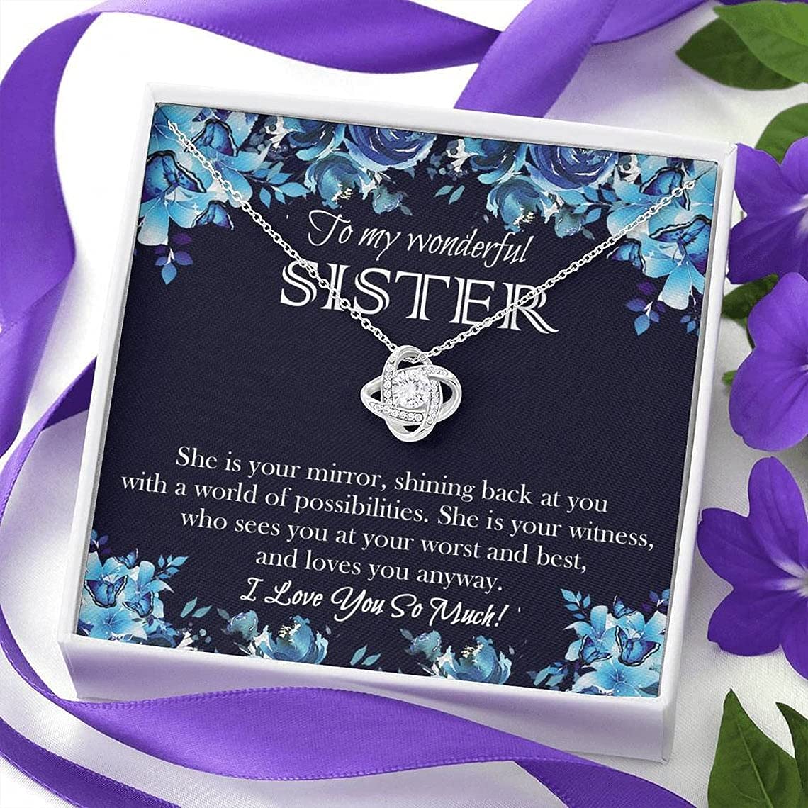 Sister's Love Knot Necklace - Birthday Gift for Sister with Message Card & Box - Perfect for Christmas & Special Occasions