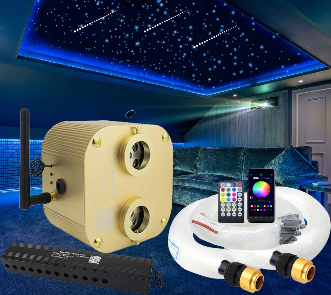 AZIMOM Bluetooth 20W Dual-Port Fiber Optic Star Ceiling Light Kit - 860pcs 13.1ft RGBW Twinkle Meteor Lights with Music Sync & APP Control for Home Theater, Bedroom, Car Decor and Party Lighting