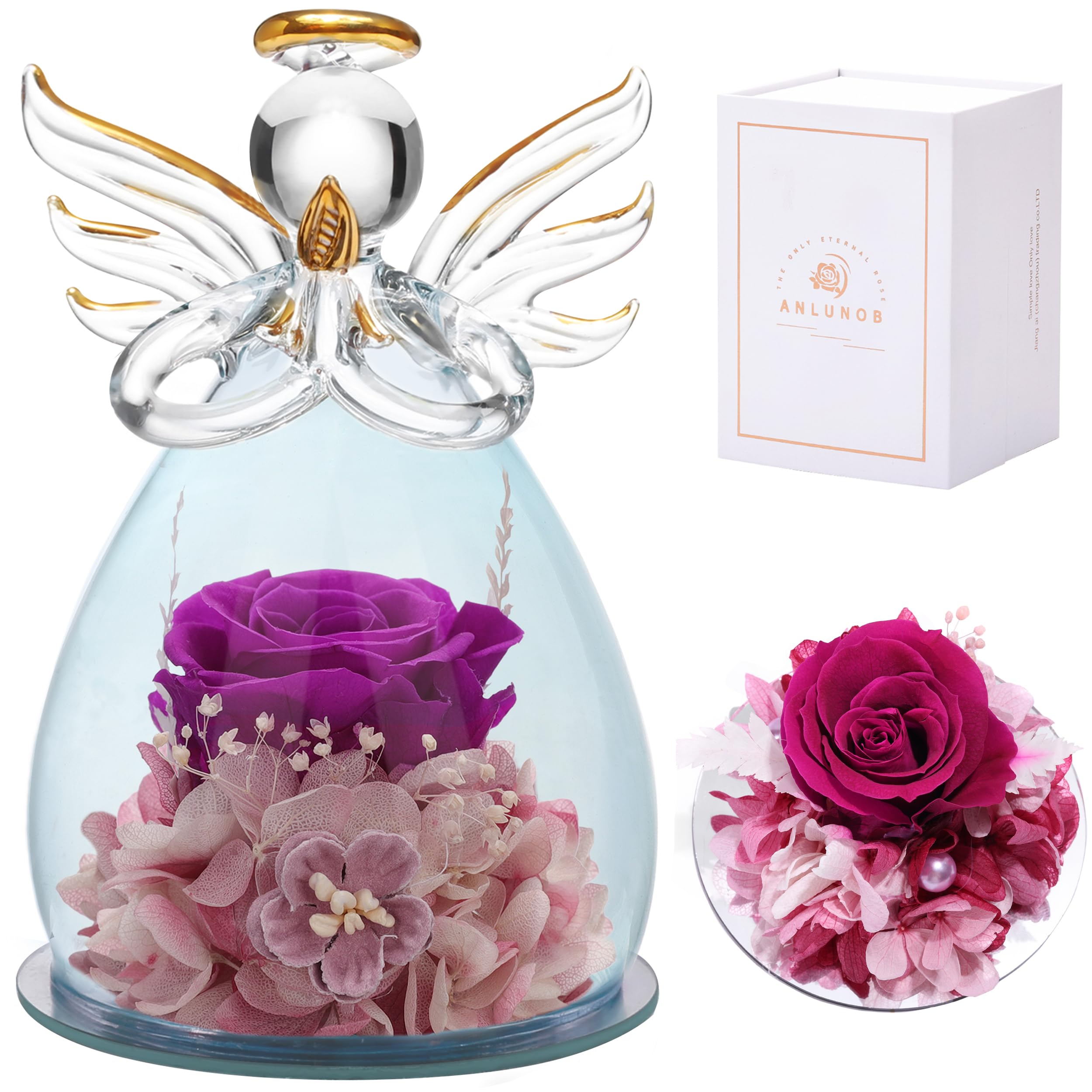 ANLUNOB Preserved Rose in Glass Dome with Angel Figurine - Eternal Flower Gift for Women, Mothers, Valentine's Day, Birthday, Christmas & Thanksgiving - Perfect for Home Decor, Wedding Centerpieces & Romantic Surprises