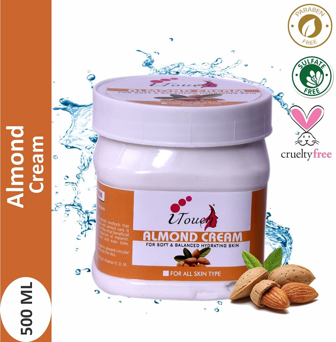 I TOUCH HERBAL Almond Cream for Face & Body - Moisturizing, Whitening & Brightening Cream | Softening & Nourishing Skin Care (500ml) | Perfect for Dry Skin & Nighttime Hydration