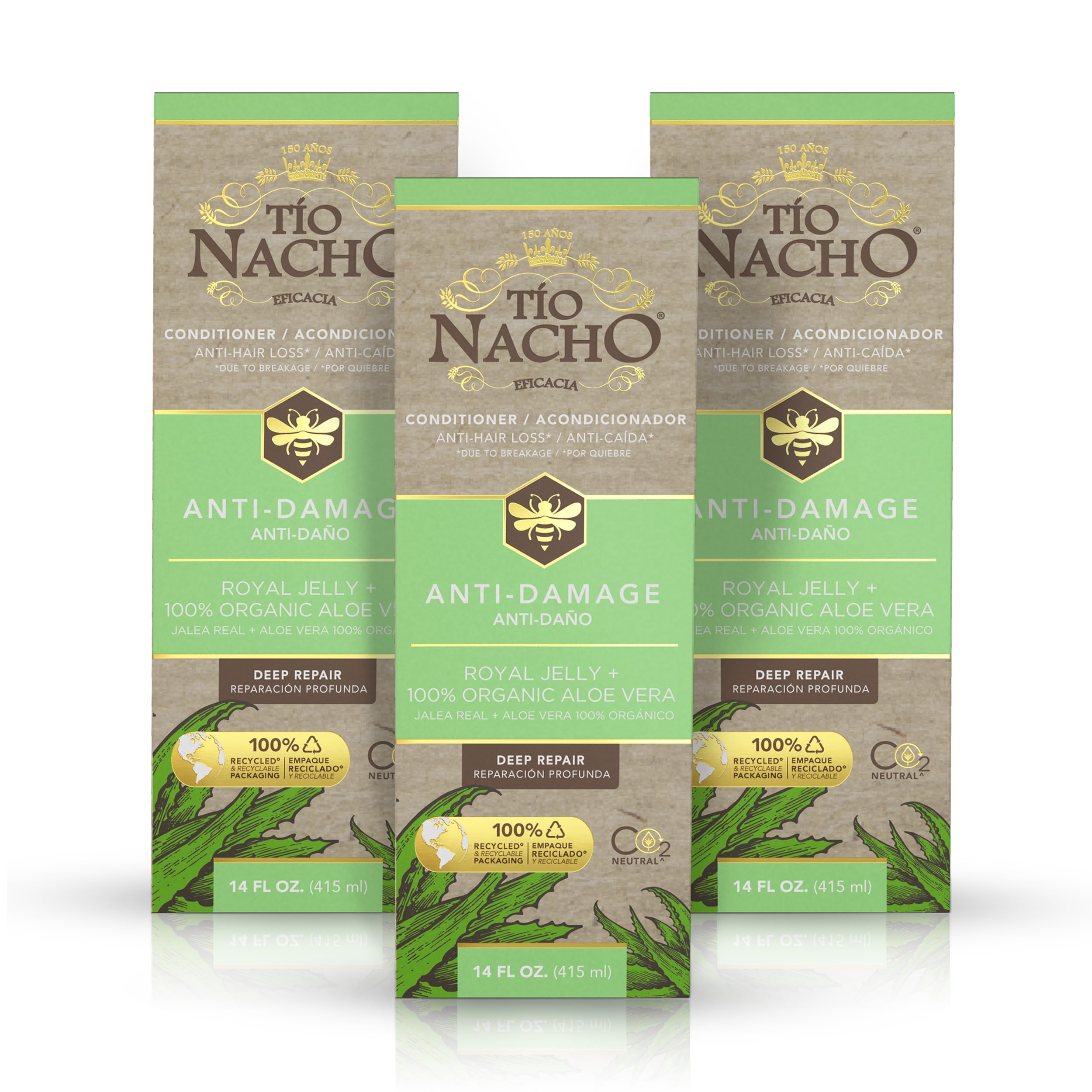 Tio Nacho Aloe Vera Deep Repair Conditioner - 100% Organic Aloe Vera & Royal Jelly Hair Treatment, Repairs Damaged Hair with Vegetable Keratin for Softness & Shine, Paraben & Salt-Free, 14 Oz (Pack of 3) - Perfect for Dry, Frizzy & Color-Treated Hair at Home or Salon