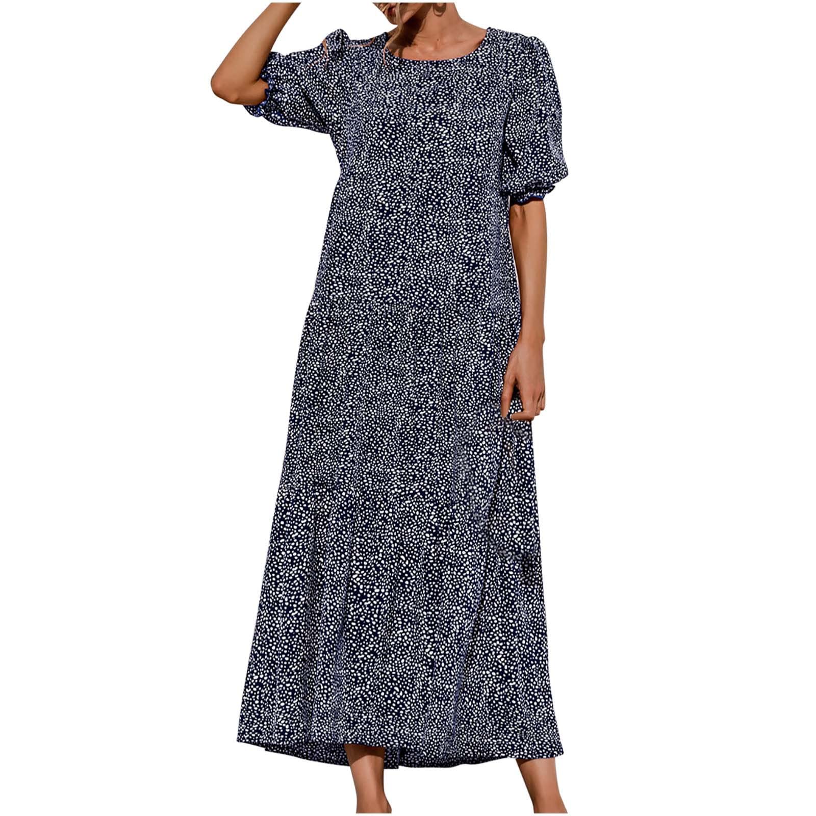 Women's Maxi Dress with Puff Sleeves - Polka Dot Print Bohemian Tiered Loose Summer Dress for Beach, Vacation & Casual Wear