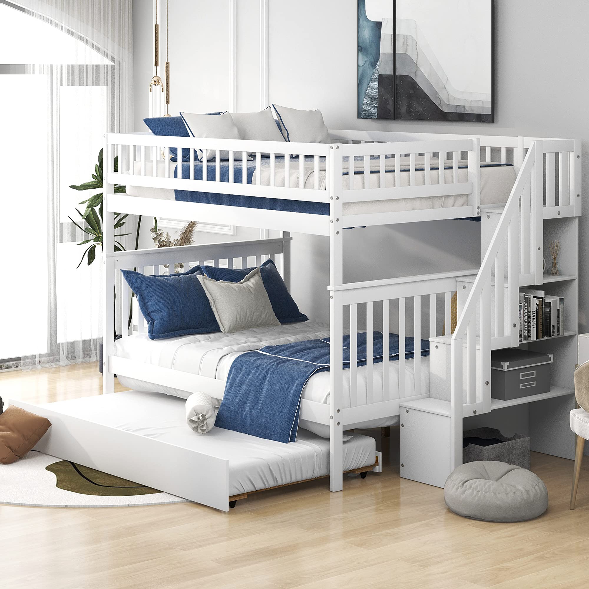 **Full Over Full Bunk Bed with Trundle - Solid Wood Bunk Bed Frame with Staircase, Slat Support & Safety Rails - Converts to 2 Separate Beds (White) - Perfect for Kids' Rooms, Guest Rooms & Small Spaces**