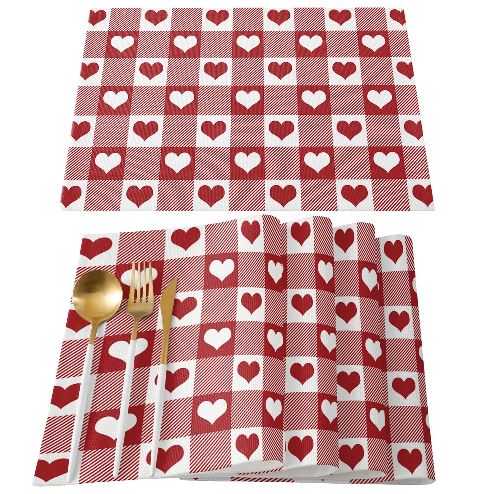 LBCASA Valentine's Day Placemats Set of 6 - Red Love Checkered Table Mats for Dining & Kitchen - Waterproof & Wipeable - Perfect for Romantic Dinners, Holiday Decor & Family Gatherings
