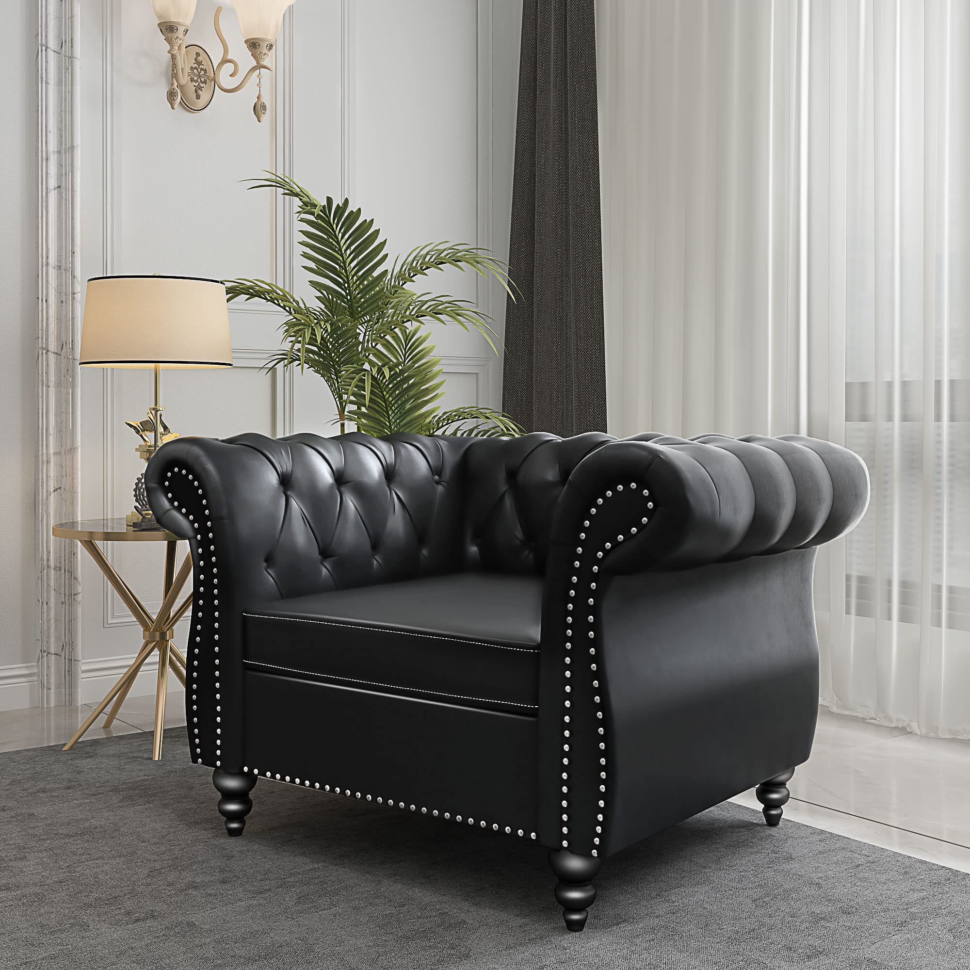 QHITTY Chesterfield Accent Chair - Modern Tufted Leather Upholstered Living Room Chair for Home Office & Lounge (Black) - Perfect for Reading Nooks, Living Rooms & Cozy Spaces
