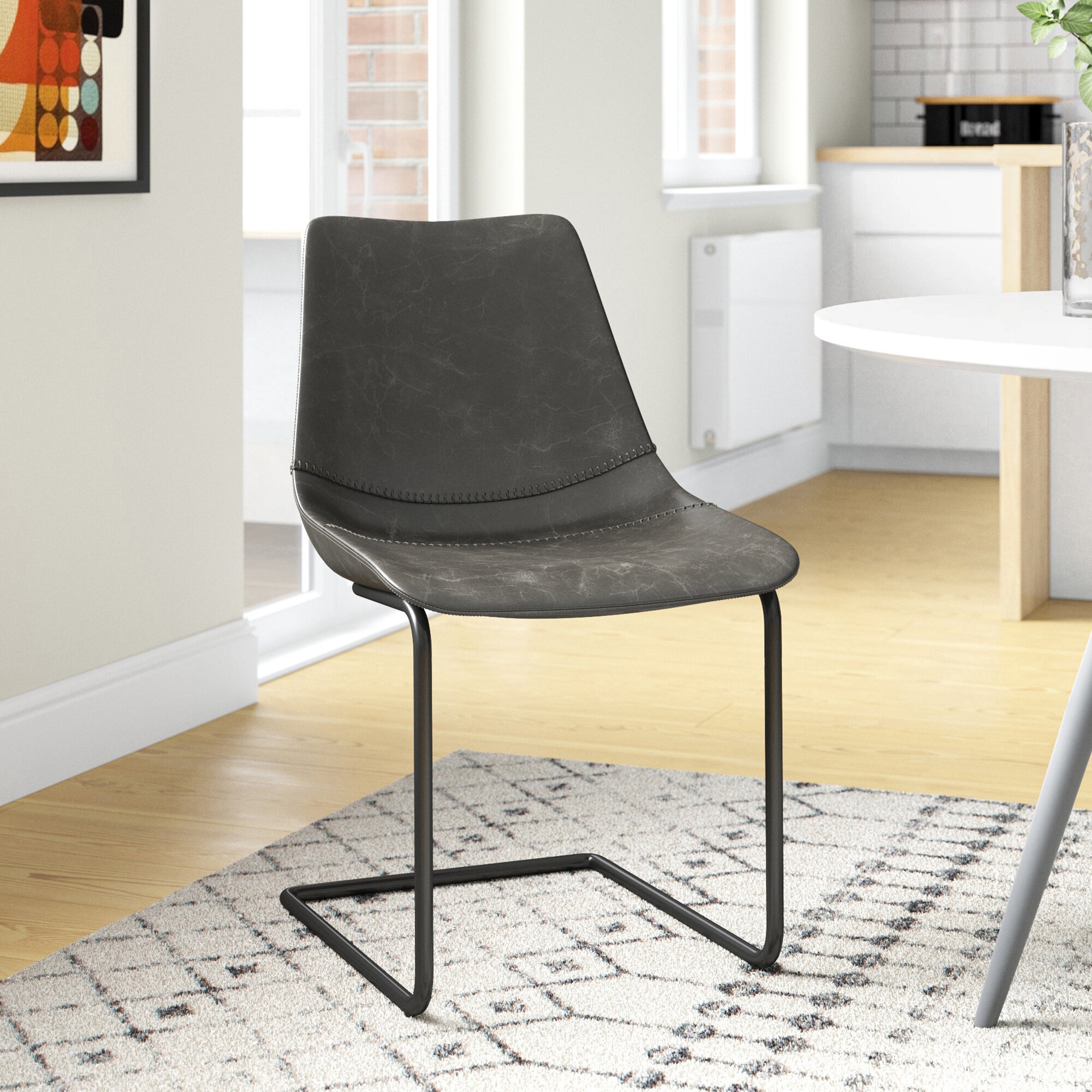 Flynn Side Chair Set of 2 - Genuine Leather Upholstery & Coated Metal Legs - Modern Dining Room, Kitchen, or Office Seating