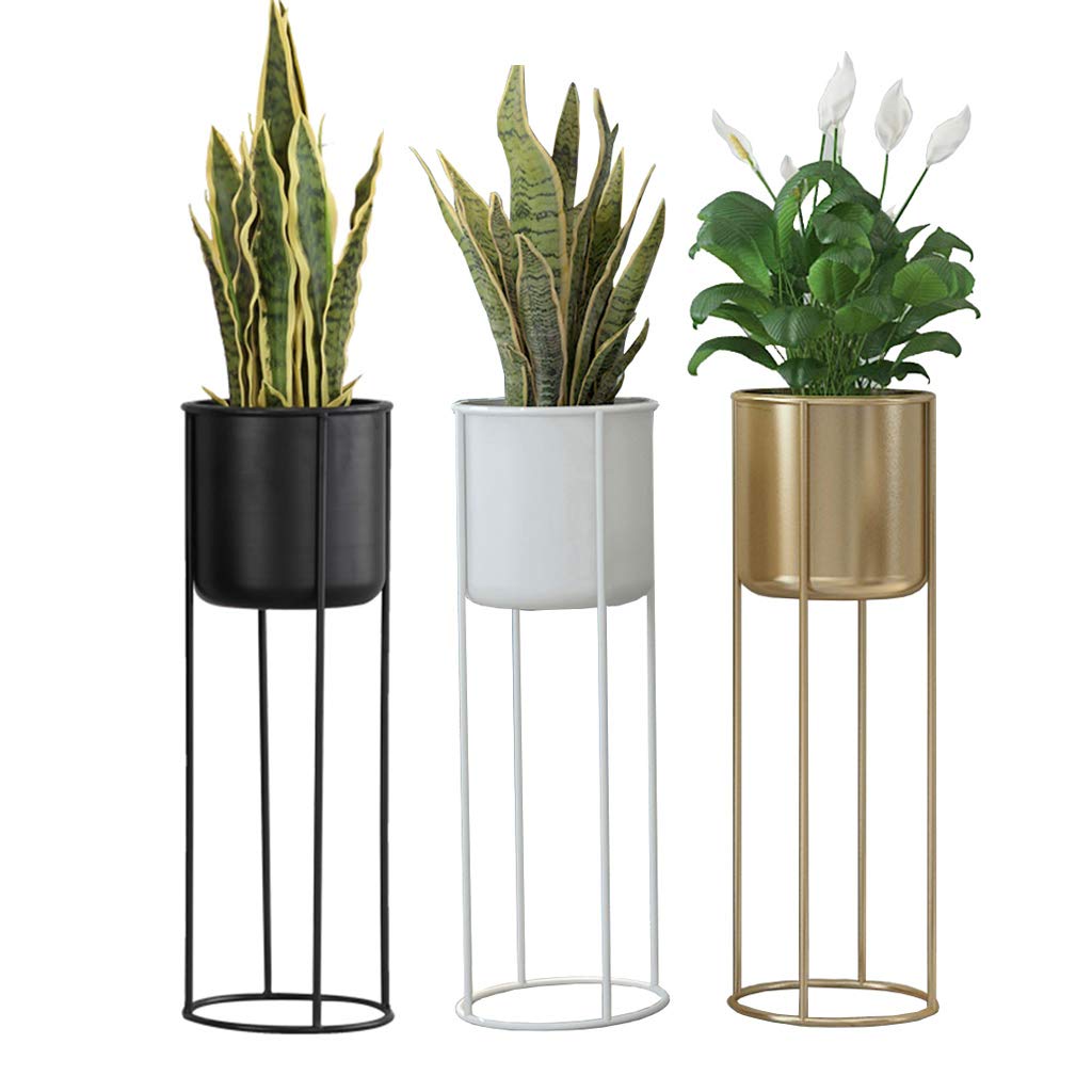 3-Piece Modern Plant Stand Set with Tall Metal Stand - Decorative Indoor Outdoor Flower Pot Holder for Living Room, Patio, Garden - Black, Gold, White - Perfect for Home Decor and Plant Display