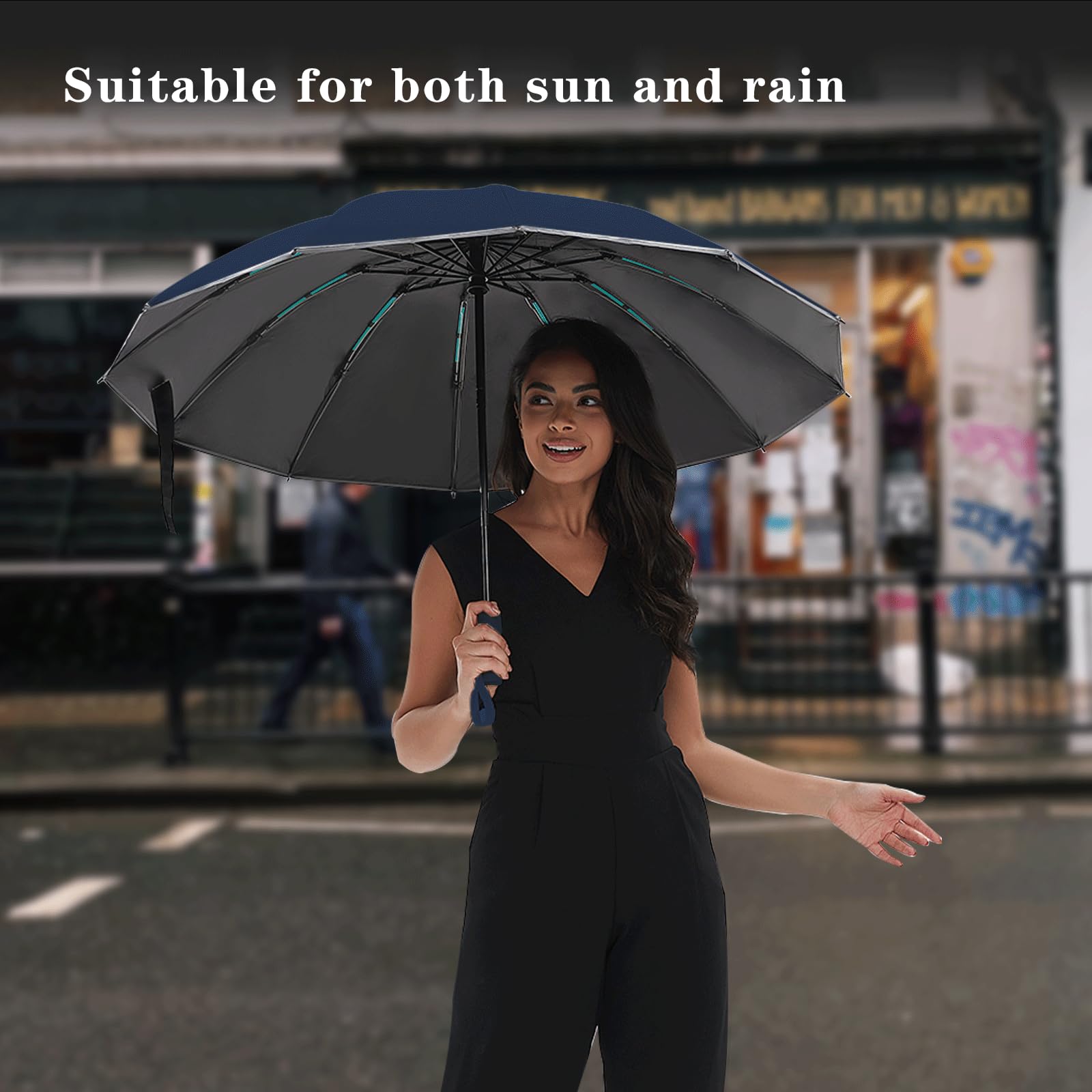 Large Double-Ribs Windproof Umbrella with Reflective Strips - Auto Open/Close Reverse Folding Compact Travel Umbrella for Rainy Days, Walking, Hiking & Outdoor Activities