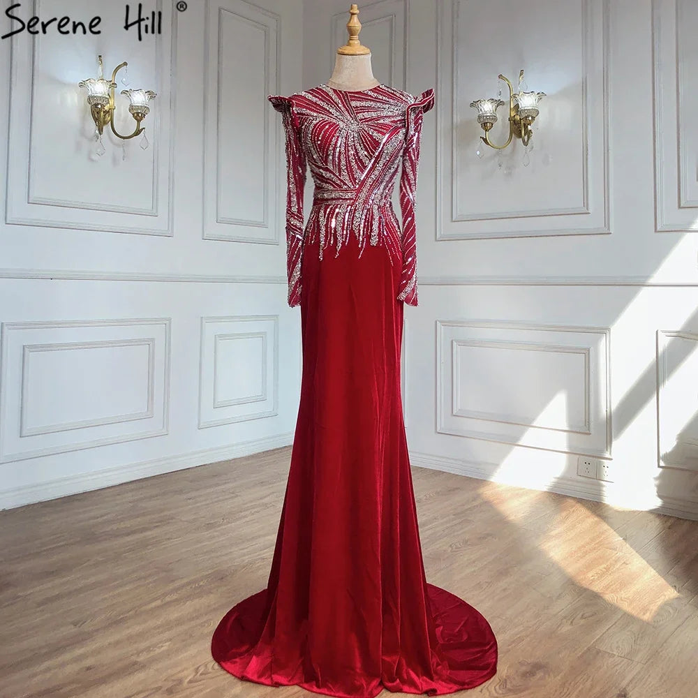 Elegant Velour Muslim Mermaid Evening Gown in Wine Red with Beaded Details - 2025 Women's Party Dress LA71449 | Perfect for Weddings, Galas & Special Occasions