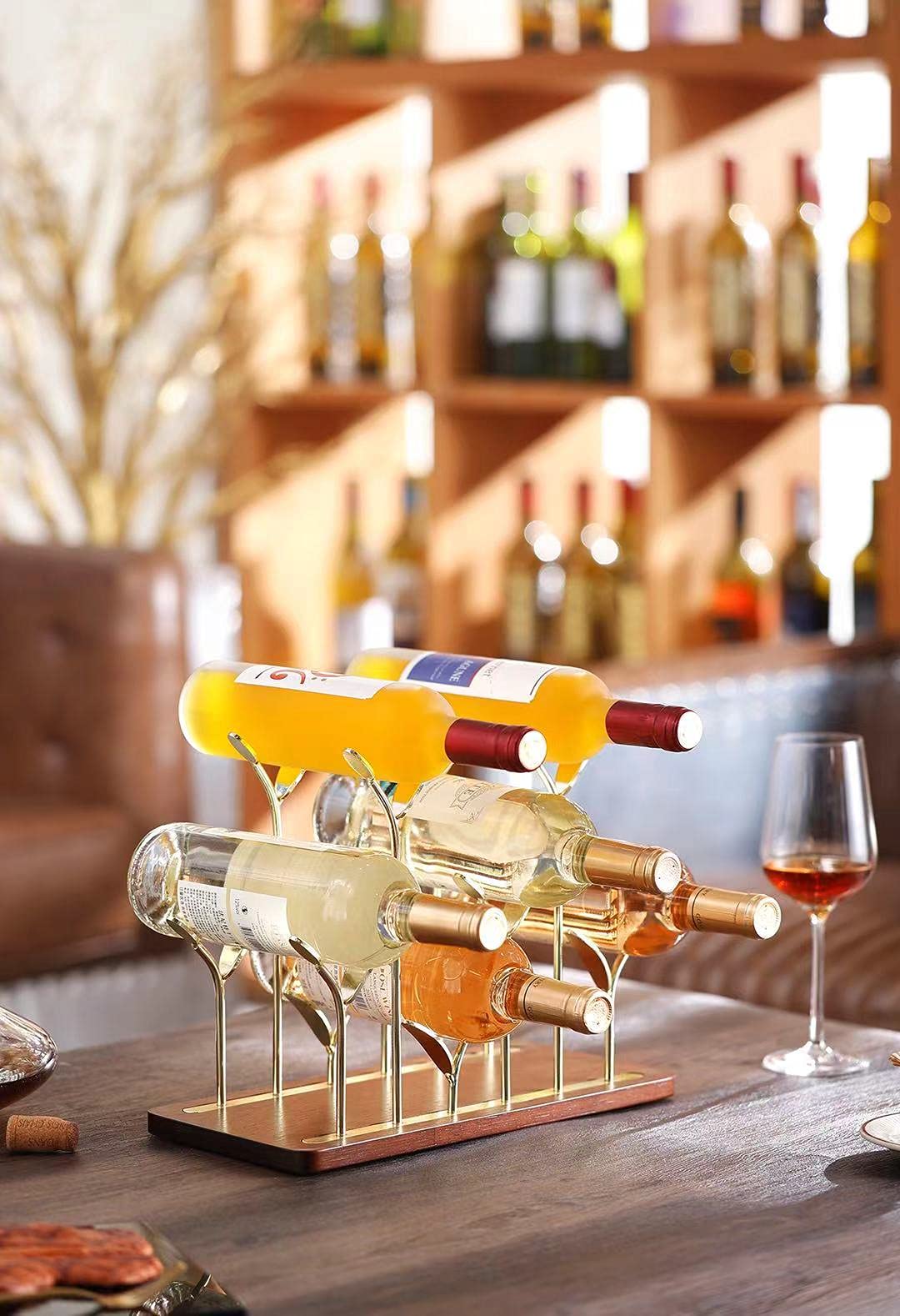 Wooden Countertop Bottle Rack - Holds 6 Wine Bottles - Gold Metal & Wood Tabletop Holder for Kitchen, Bar, Cellar Storage - Perfect for Home Decor, Cabinet & Pantry Organization - Ideal for Wine Lovers & Entertaining Guests