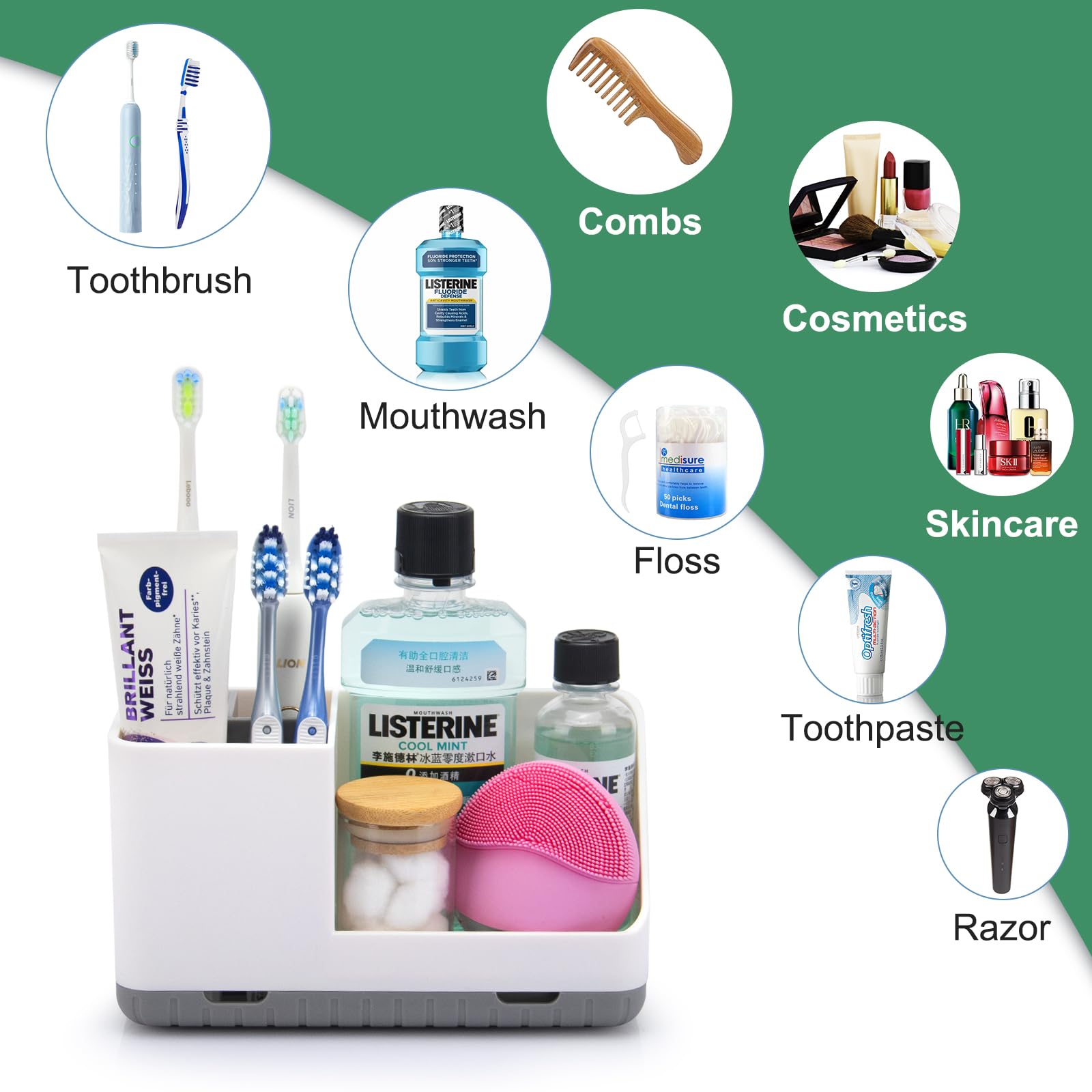 Bathroom Toothbrush Holder with Drainage - Countertop Organizer for Kids Electric Toothbrush & Toothpaste Storage - Grey Sink Organizer for Bathroom Counter, Shower, or Dorm Room
