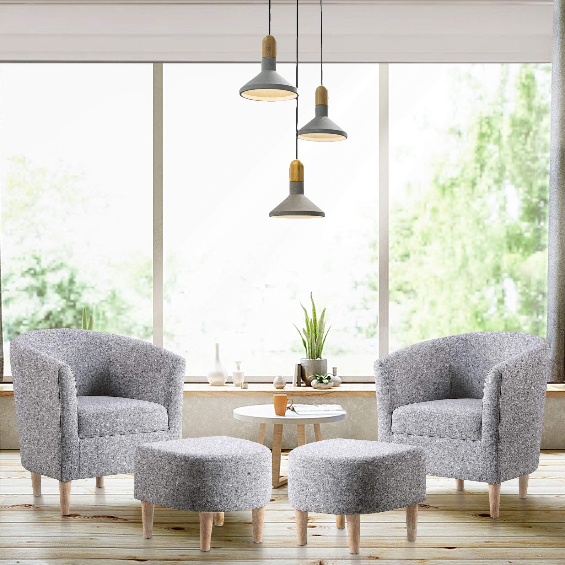 Modern Accent Chair with Ottoman Set of 2 - Upholstered Barrel Club Armchair & Footrest - Gray Fabric Living Room Furniture for Small Spaces, Bedroom, Apartment & Office - Perfect for Reading Nook, Lounge Area or Guest Seating