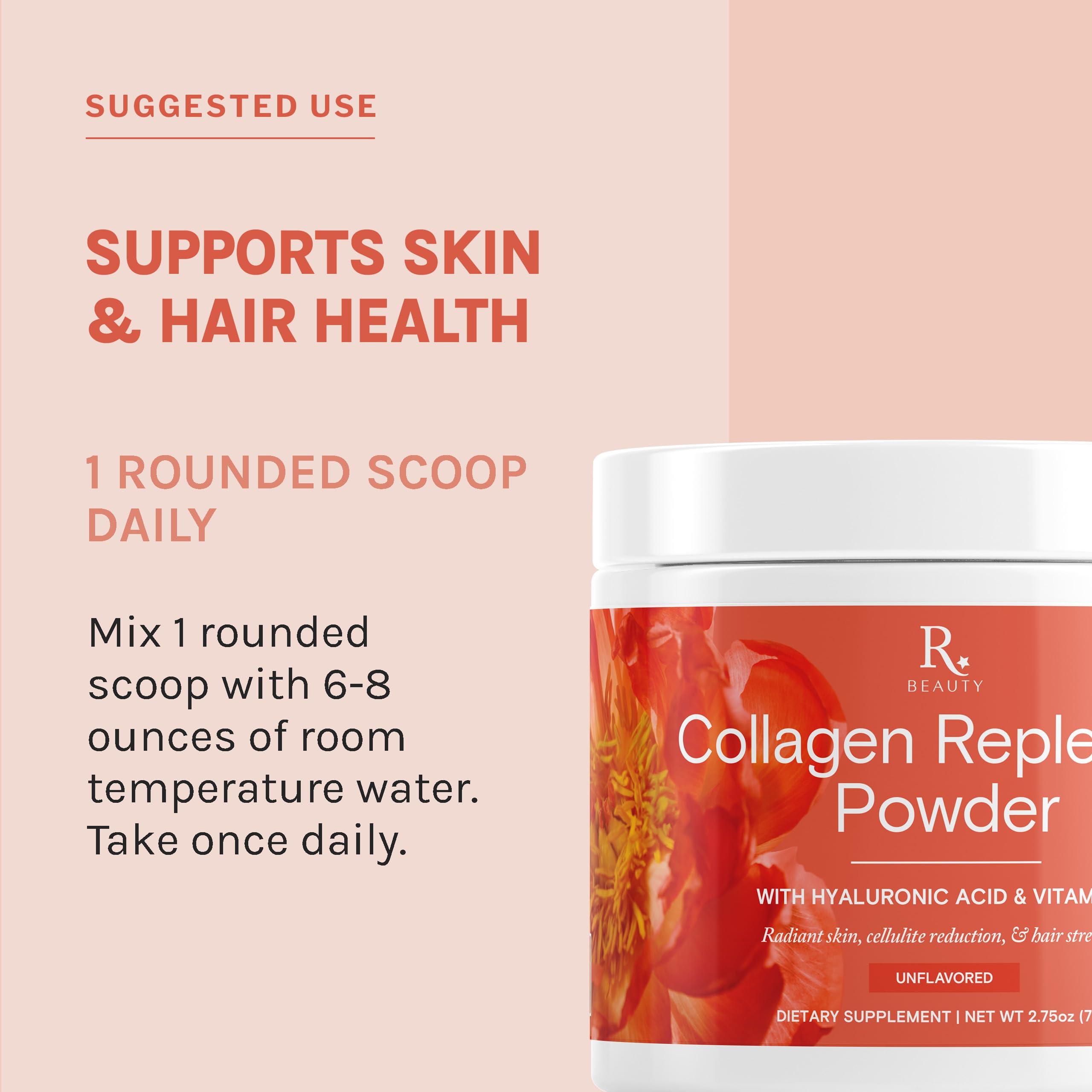 Reserveage Nutrition Collagen Replenish Powder with Hyaluronic Acid & Vitamin C - Flavorless Collagen Supplement for Glowing Skin, Stronger Hair & Cellulite Reduction - Easy to Mix - 2.75 oz - Perfect for Smoothies, Coffee & Daily Beauty Routine