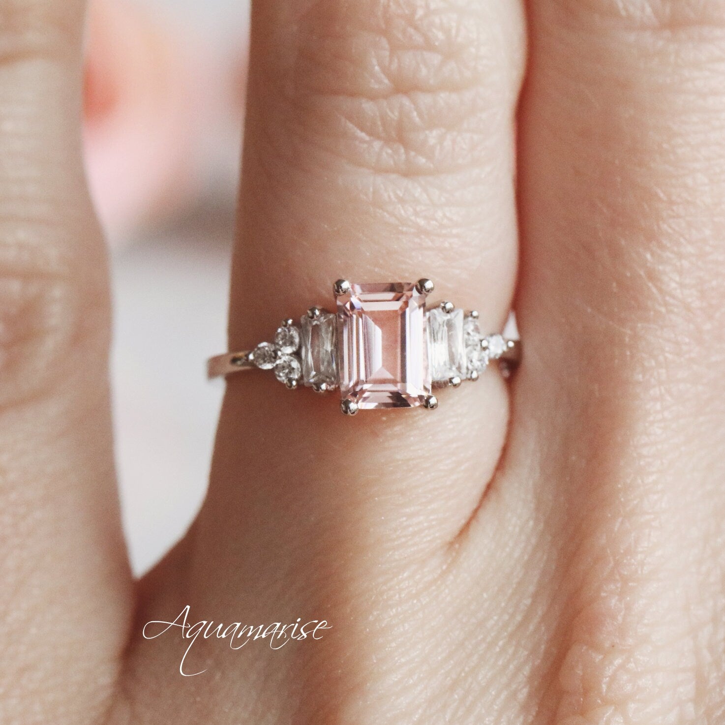 Amelia Morganite Ring in Sterling Silver – Elegant Rose Gold Plated Jewelry for Women, Perfect for Engagement, Wedding & Anniversary Gifts