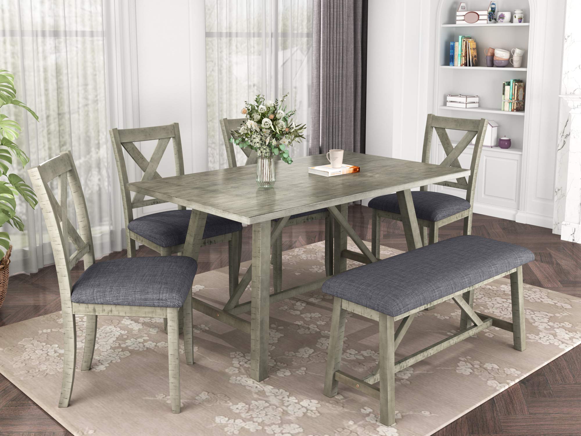 Vintage Style 6-Piece Dining Table Set with 4 Padded Chairs & Bench - Retro Kitchen & Dining Room Furniture for Small Spaces | Perfect for Family Meals, Entertaining & Cozy Breakfast Nooks
