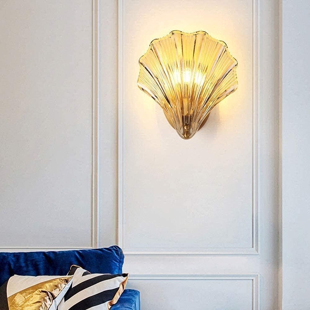 Vintage Metal Wall Sconce with Ribbed Clear Glass - Modern Chandelier Style Retro Shell E14 Wall Lamp for Living Room, Bedroom & Hallway Lighting