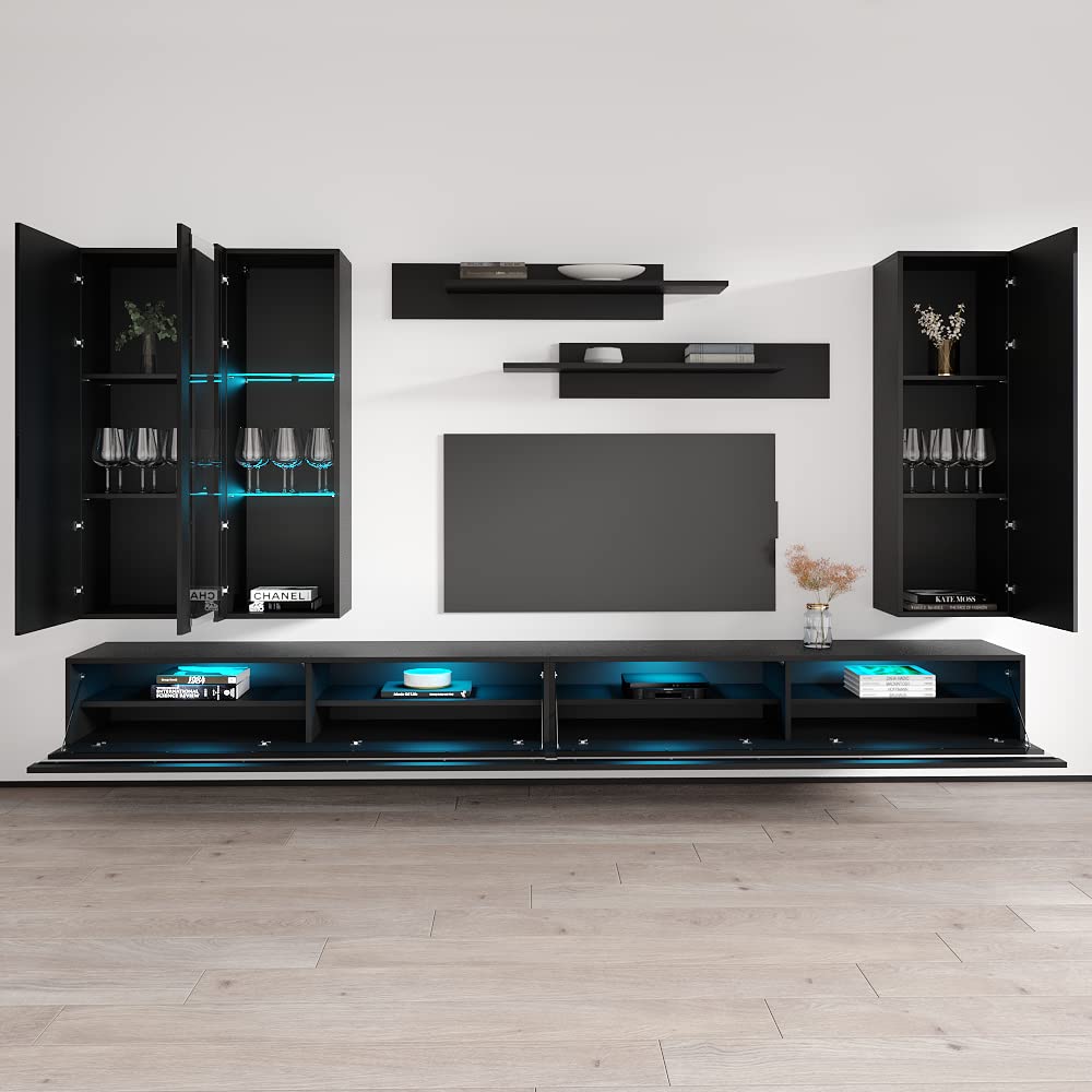 Modern Floating TV Stand with Storage & LED Lights - Wall-Mounted Entertainment Center for Bedroom & Living Room - Black Meble Furniture Fly EF4 35TV Console with Shelves - Perfect for Small Spaces & Home Theater Setups