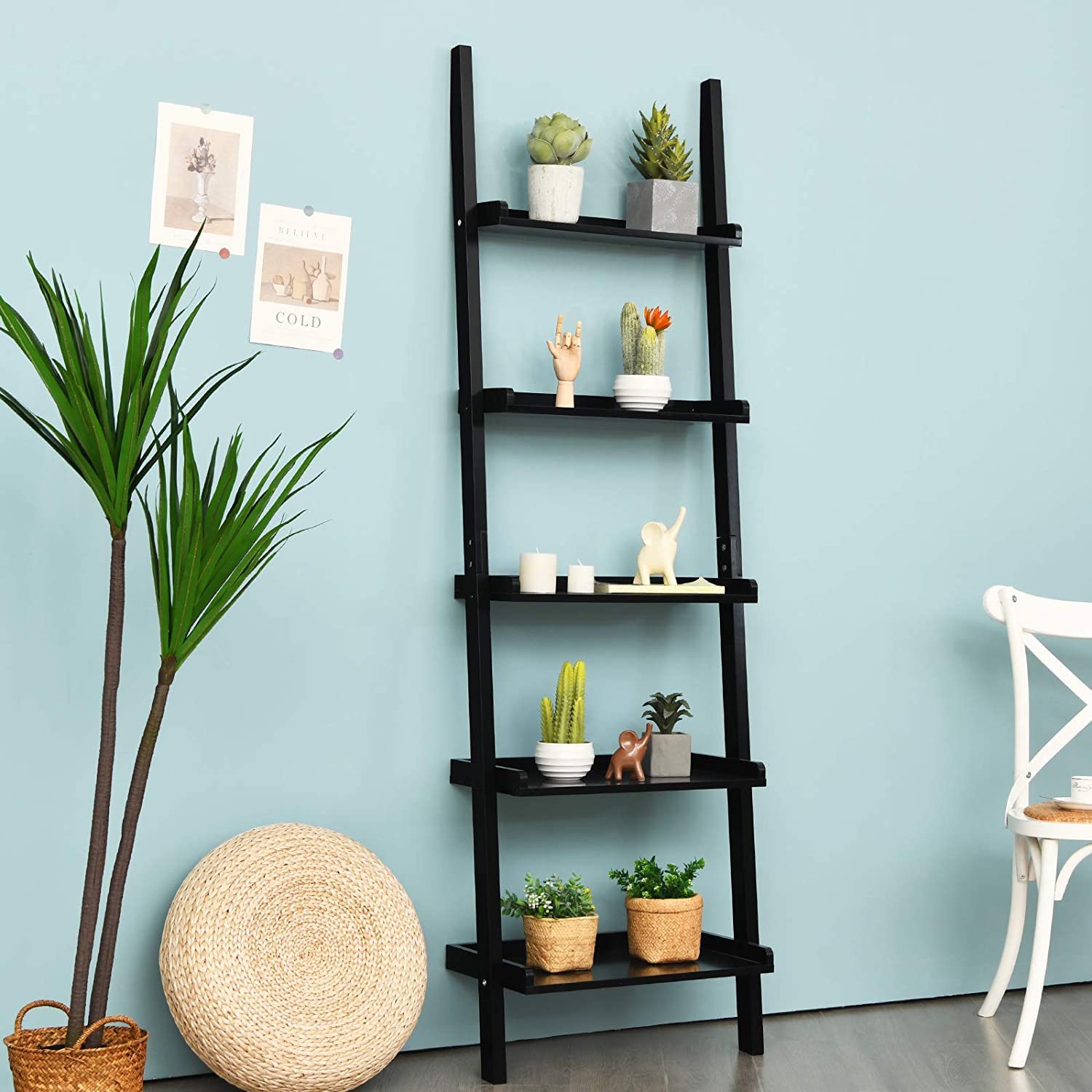 5-Tier Ladder Shelf - Rustic Wood Wall-Leaning Bookshelf & Storage Organizer for Living Room, Bathroom, Office - Perfect for Home Decor, Book Display & Space Saving (Black)