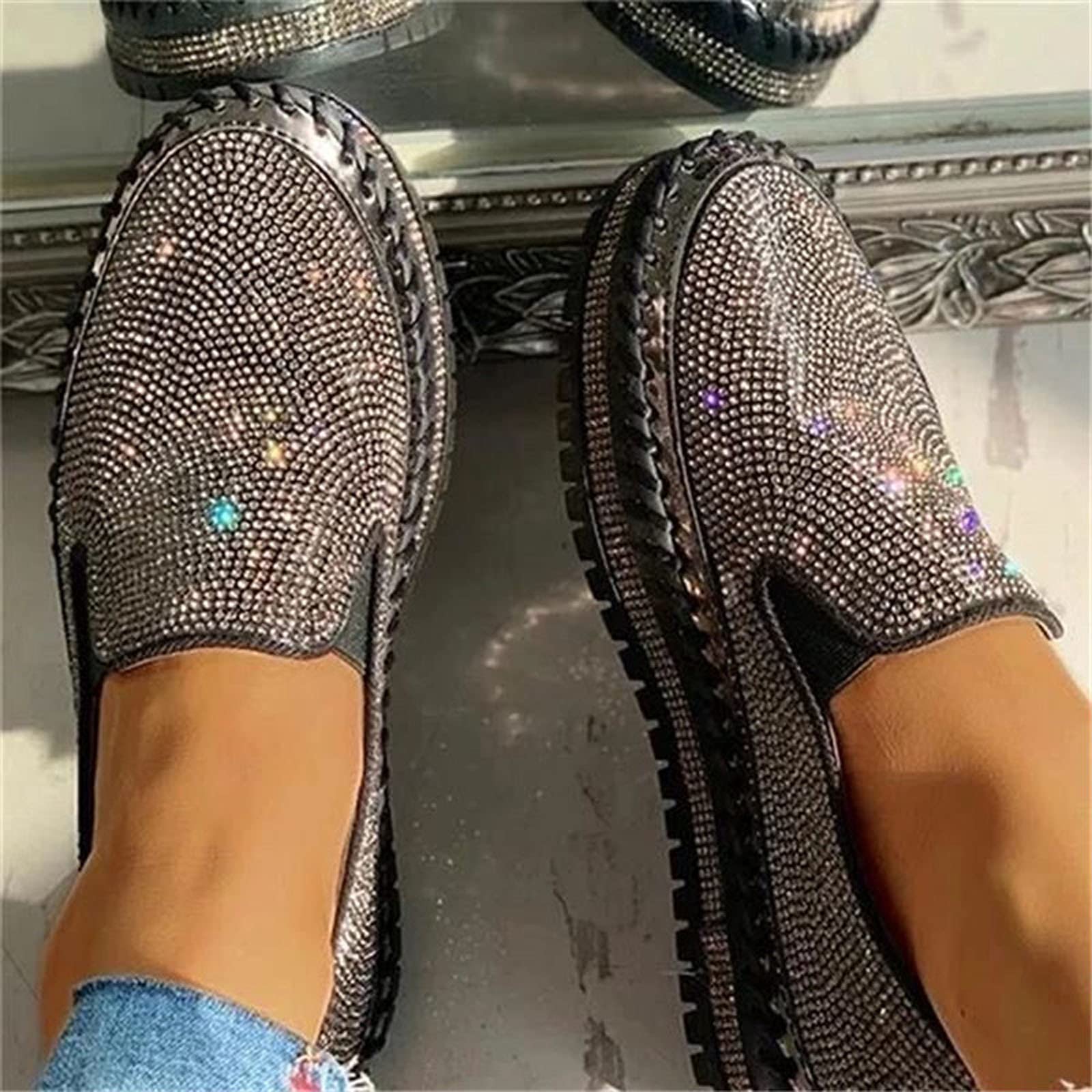 Women's Rhinestone Platform Slip-On Sneakers - Round Toe Low Cut Thick Sole Slip On Shoes for Walking, Skating & Casual Wear | Comfortable Flats for Everyday Use