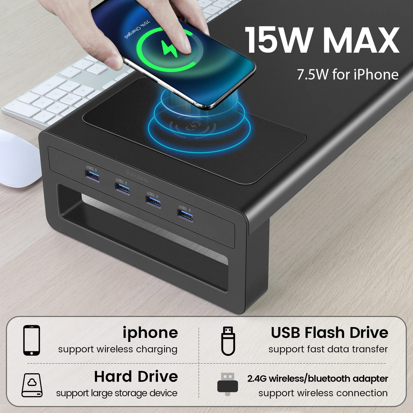 Vaydeer Wireless Charging & USB 3.0 Monitor Stand with Storage - Heavy Duty Desk Riser Organizer for Computer, iMac, Laptop, PC Screen - Perfect for Gaming Setup, Home Office & Studio Workspace