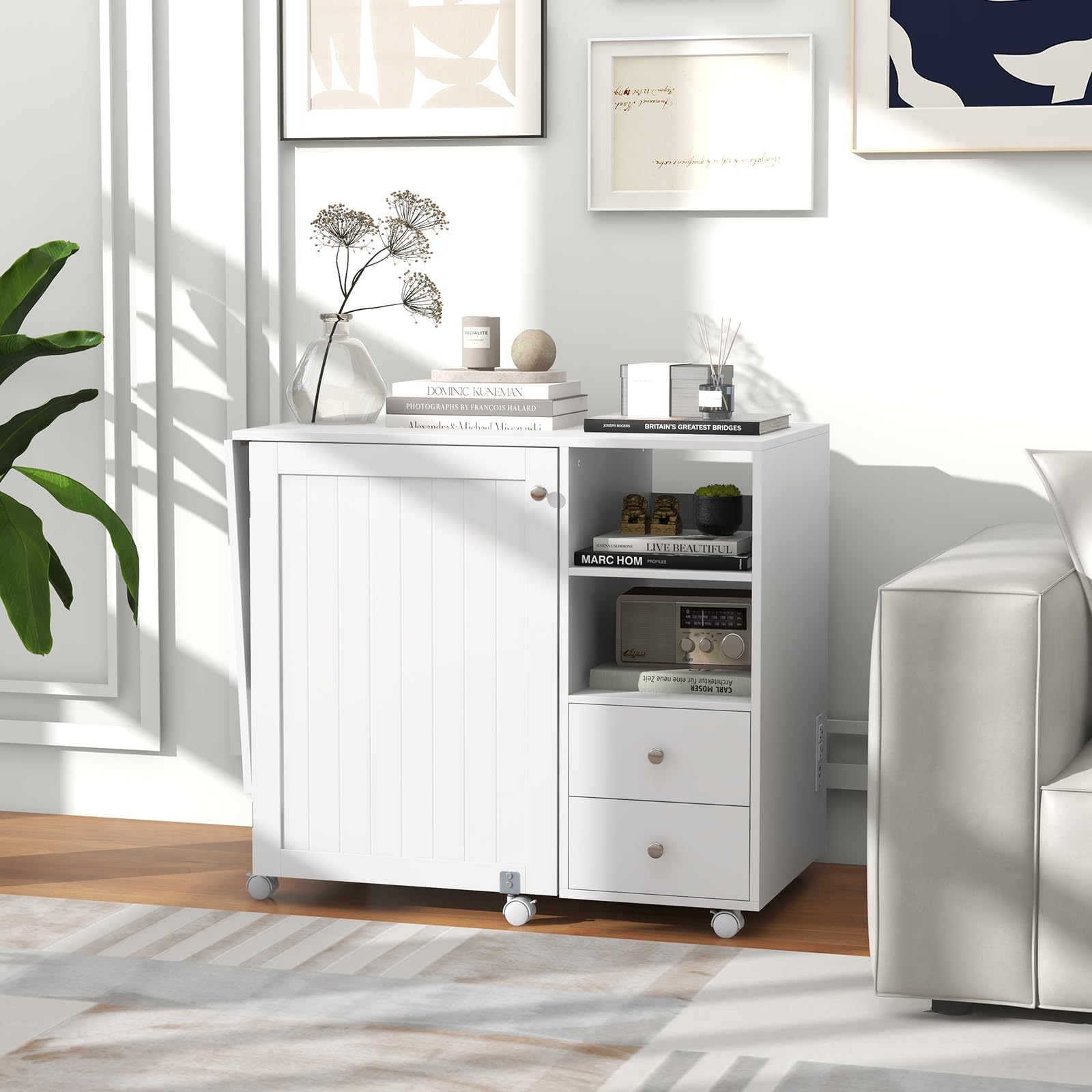 Giantex Folding Sewing Table with Charging Station & Storage - Rolling Craft Table with 18 Pegs, 2 Trays, Shelves & Drawers - Foldable Sewing Machine Cabinet with 6 Lockable Wheels, White - Perfect for Quilting, Sewing Projects & Craft Rooms