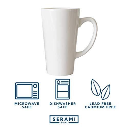 Serami 15oz White Ceramic Coffee Mugs with Large Handles - Set of 2 Tall Funnel-Shaped Mugs for Home, Office, or Cafe Use