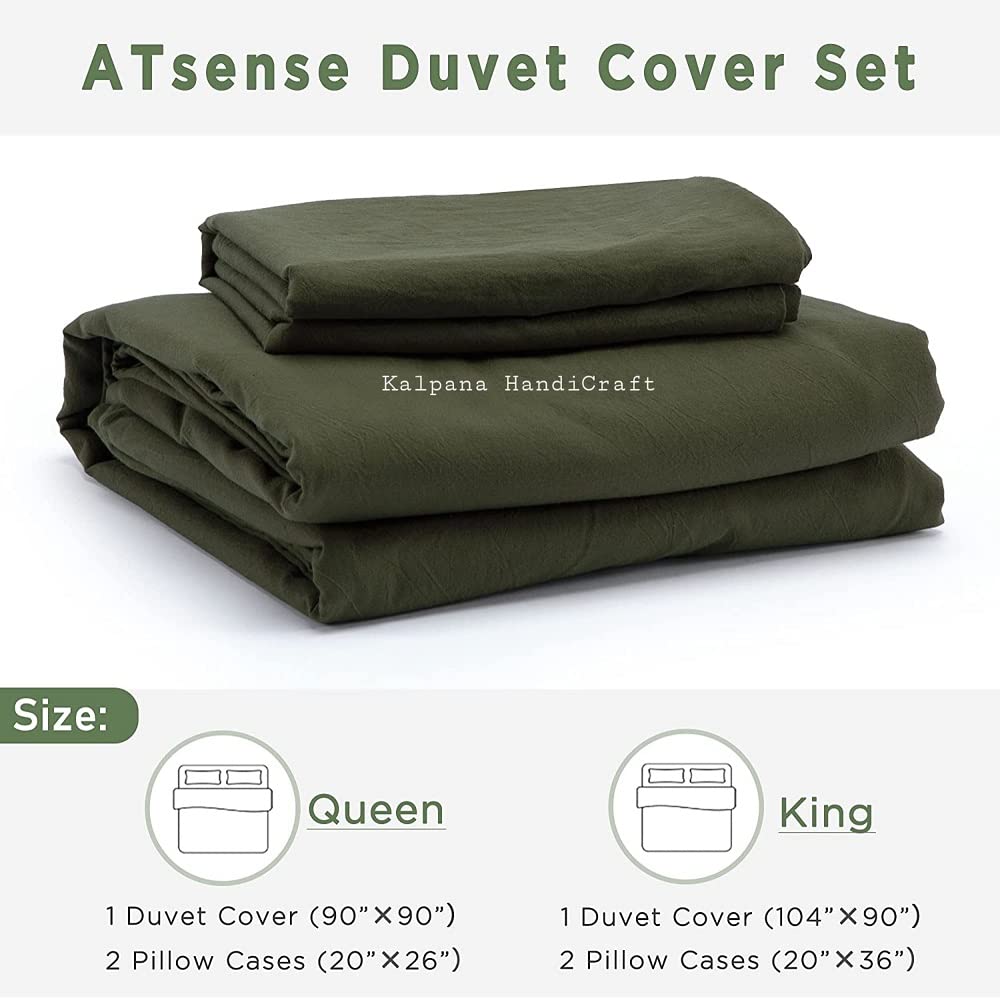 Olive Green Washed Cotton Duvet Cover Set - Queen, King, Full & Twin Size | Soft & Breathable Bedding for Cozy Sleep | Perfect for Modern, Farmhouse & Minimalist Bedrooms